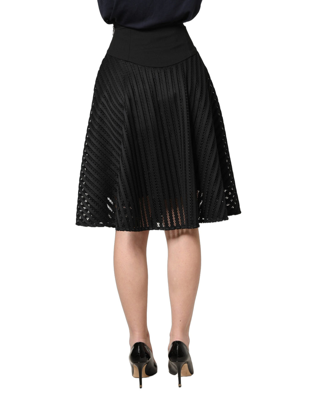 PINKO Cotton Striped Flared Silhouette Aline Midi Black