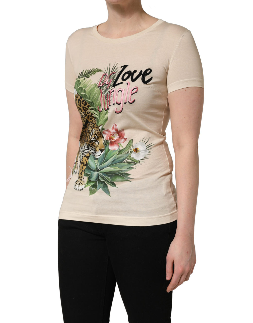 Dolce & Gabbana Beige Jungle Print Cotton Round Neck T-Shirt