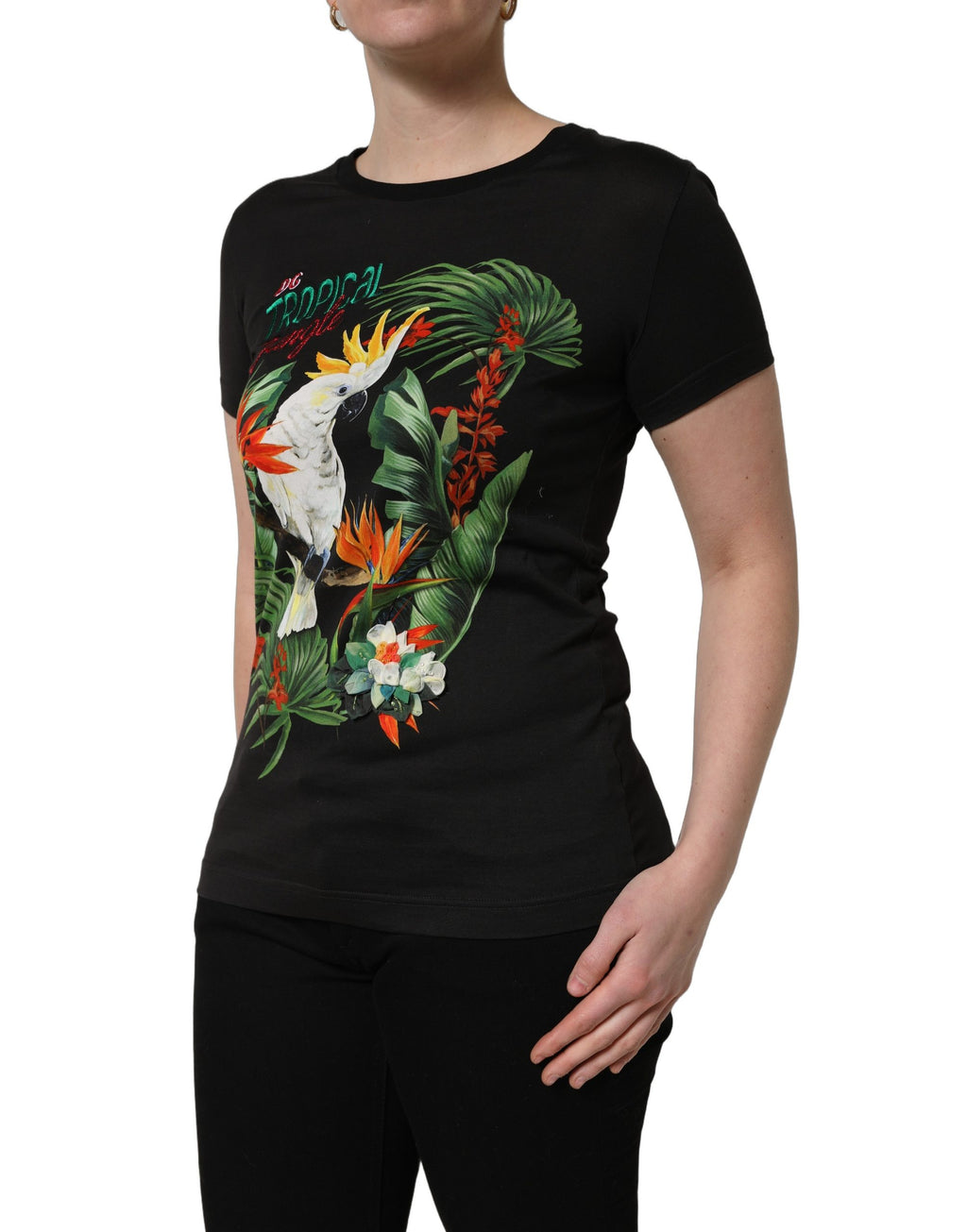 Dolce & Gabbana Black Tropical Print Cotton Round Neck T-Shirt