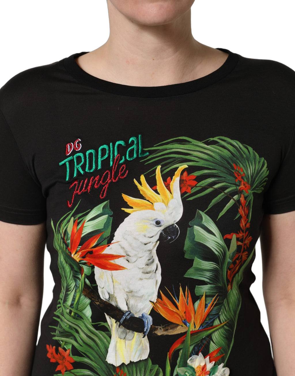 Dolce & Gabbana Black Tropical Print Cotton Round Neck T-Shirt