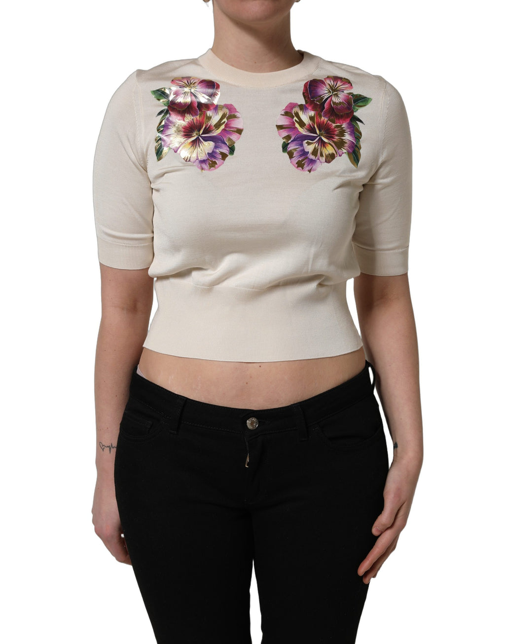 Dolce & Gabbana Beige Floral Print Silk CrewNeck Pullover Top