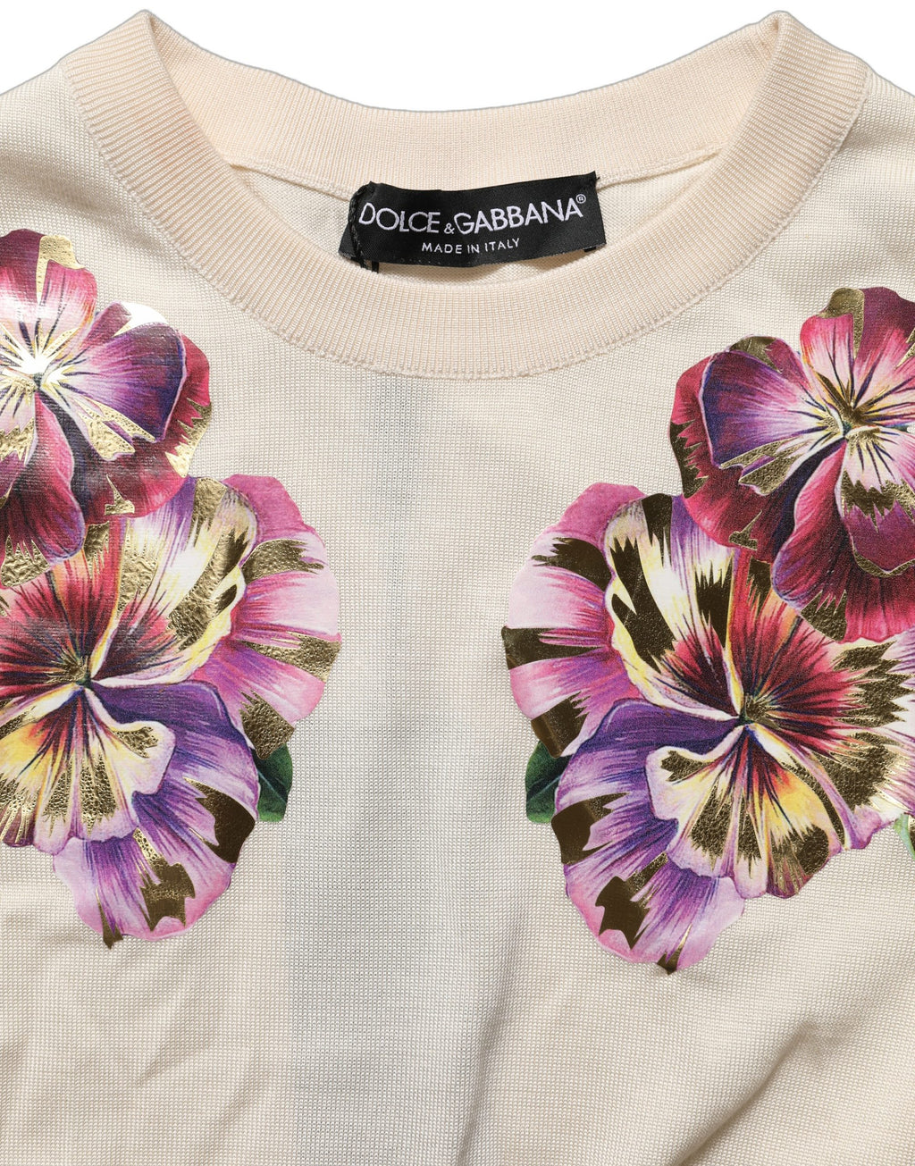 Dolce & Gabbana Beige Floral Print Silk CrewNeck Pullover Top