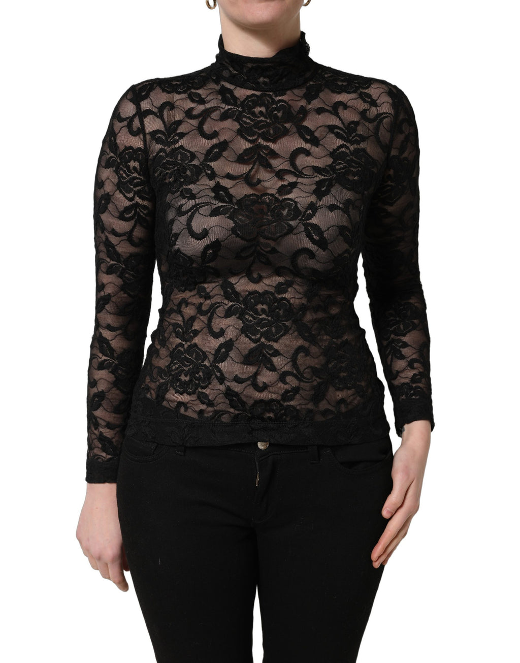 Dolce & Gabbana Black Floral Lace Turtle Neck Long Sleeve Top