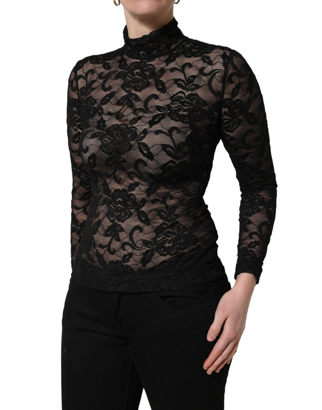 Dolce & Gabbana Black Floral Lace Turtle Neck Long Sleeve Top