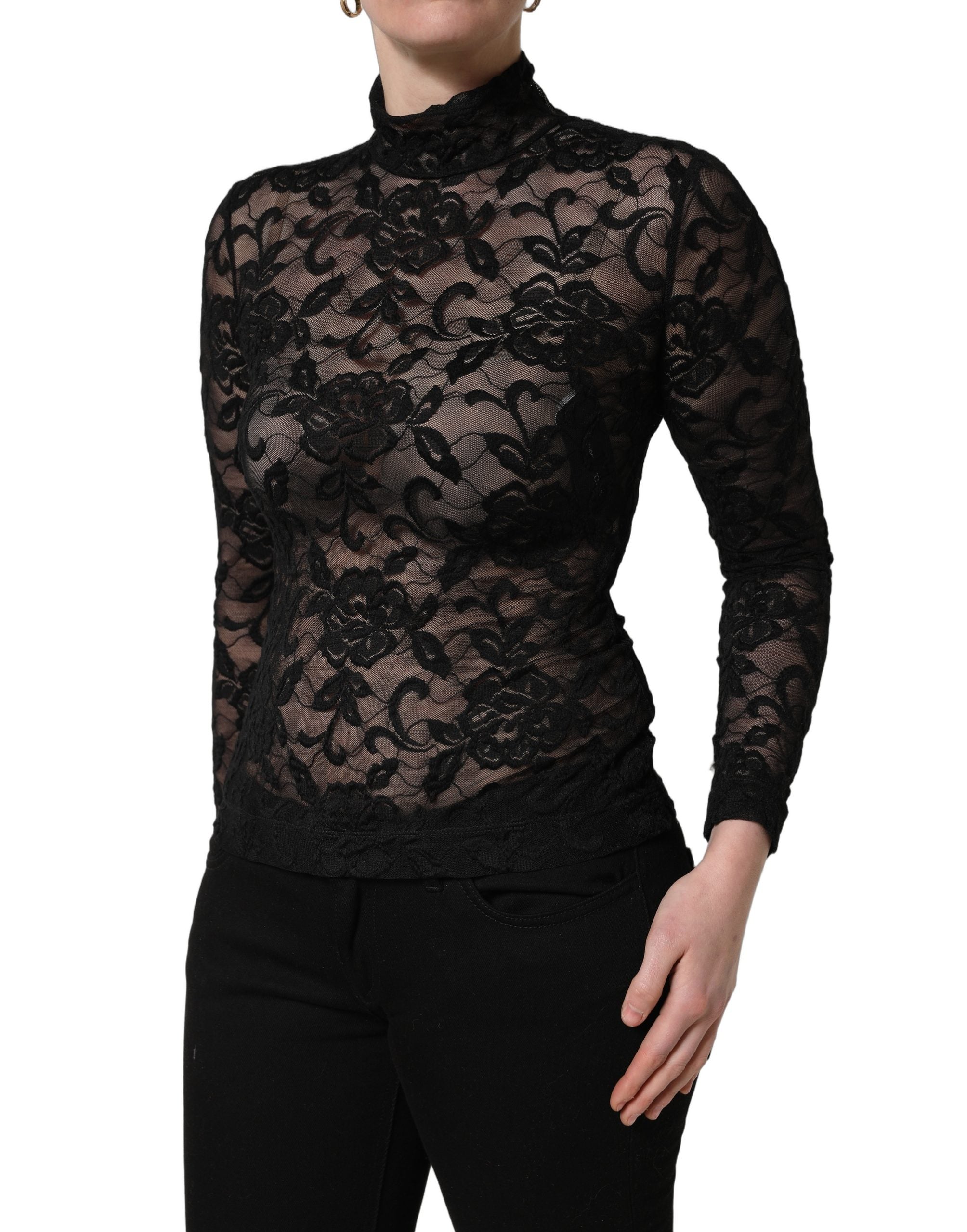 Dolce & Gabbana Black Floral Lace Turtle Neck Long Sleeve Top