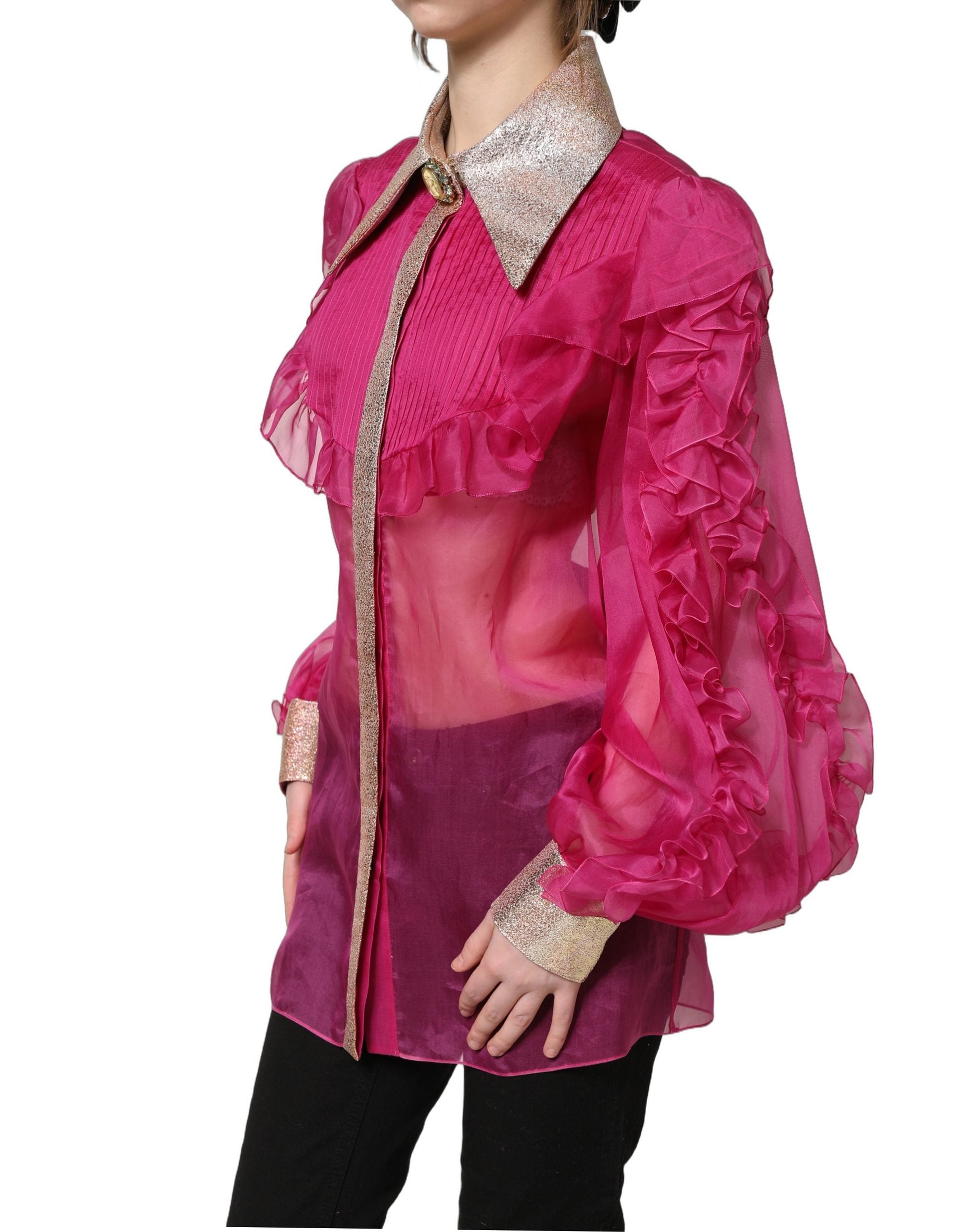 Dolce & Gabbana Fuchsia Sheer Chiffon Buttoned Blouse Top