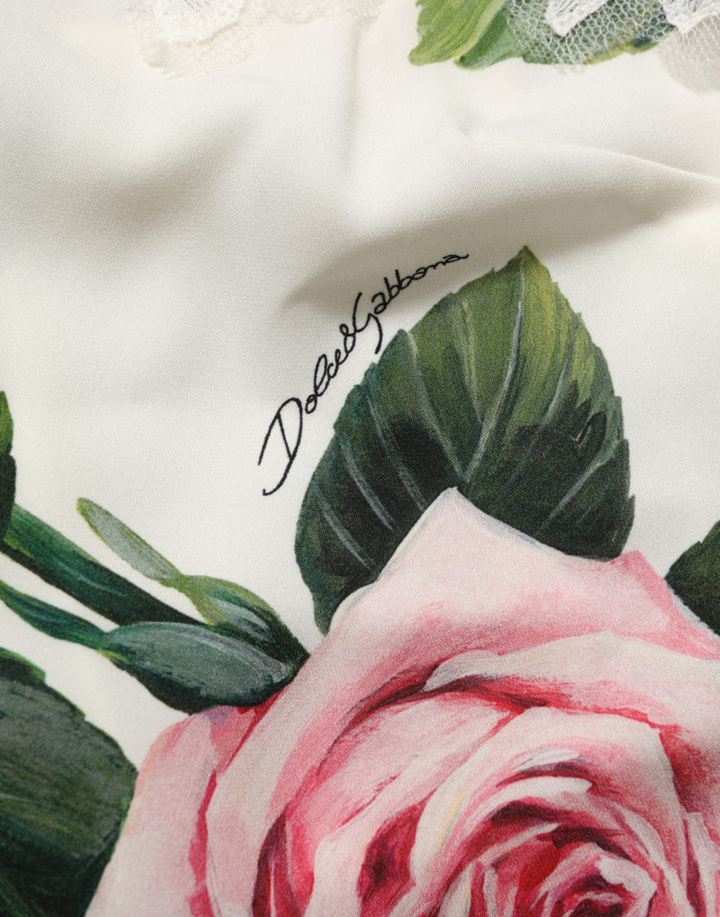 Dolce & Gabbana White Rose Print Lace Silk Camisole Tank Top