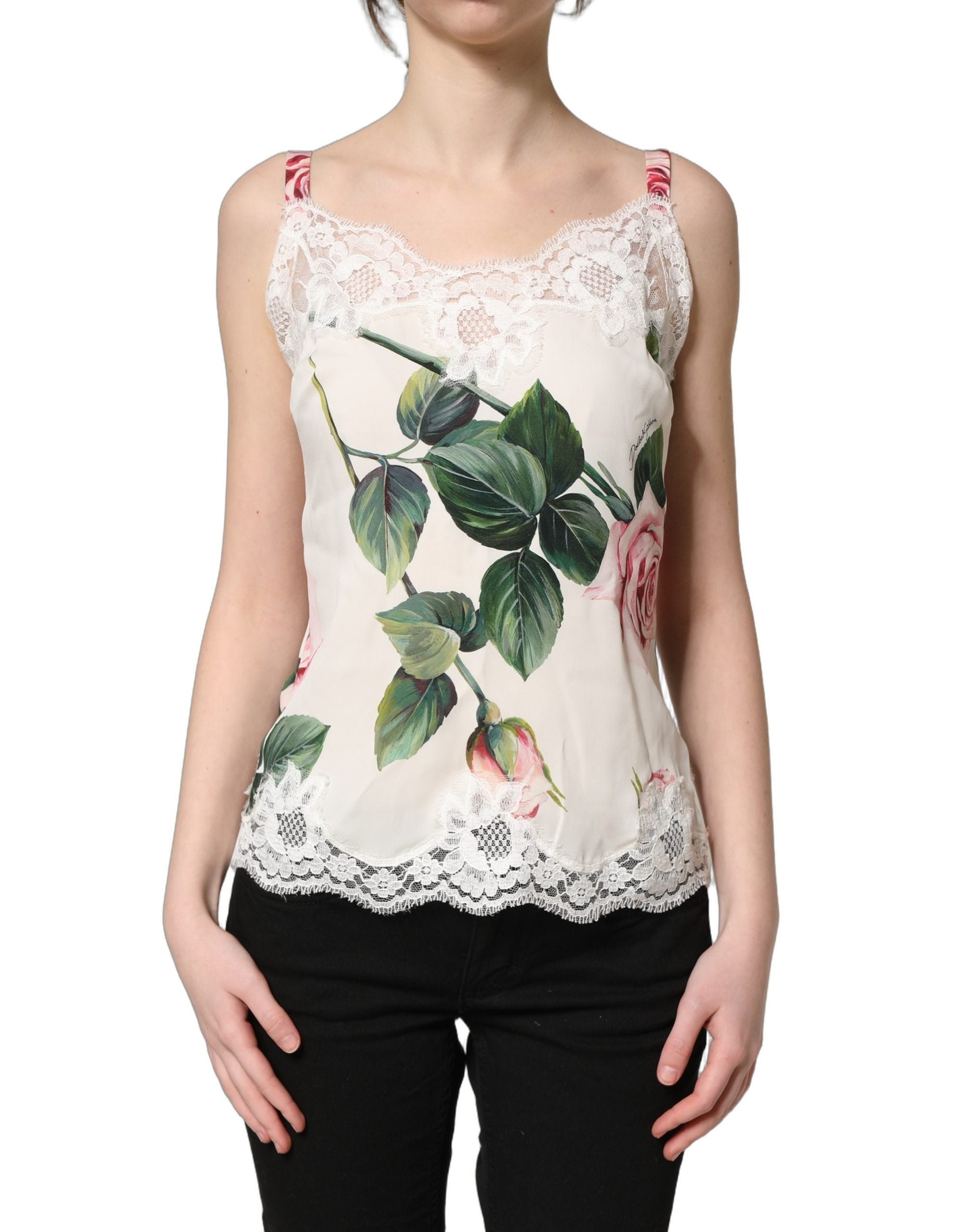 Dolce & Gabbana White Rose Print Lace Silk Camisole Tank Top