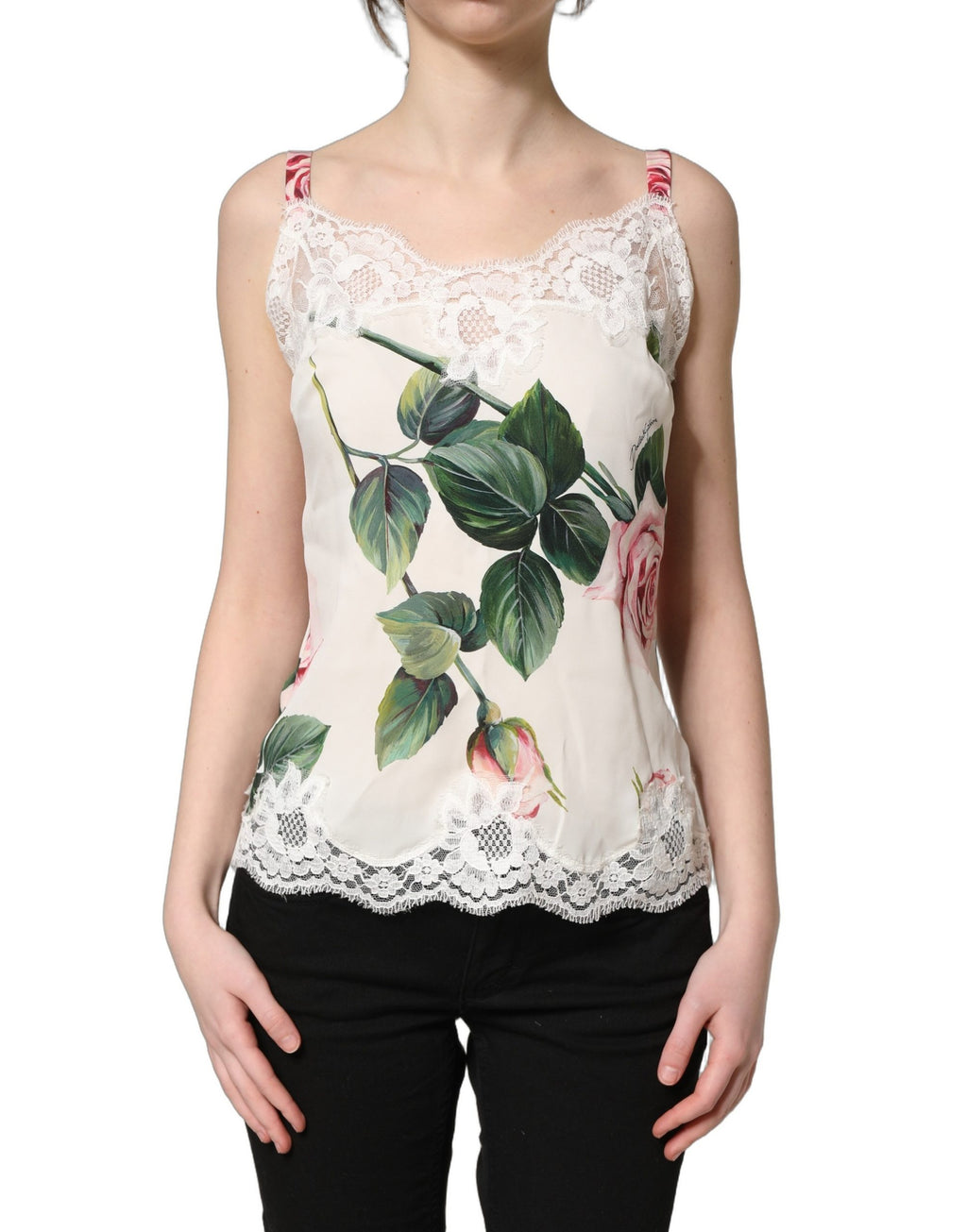 Dolce & Gabbana White Rose Print Lace Silk Camisole Tank Top