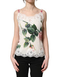 Dolce & Gabbana White Rose Print Lace Silk Camisole Tank Top