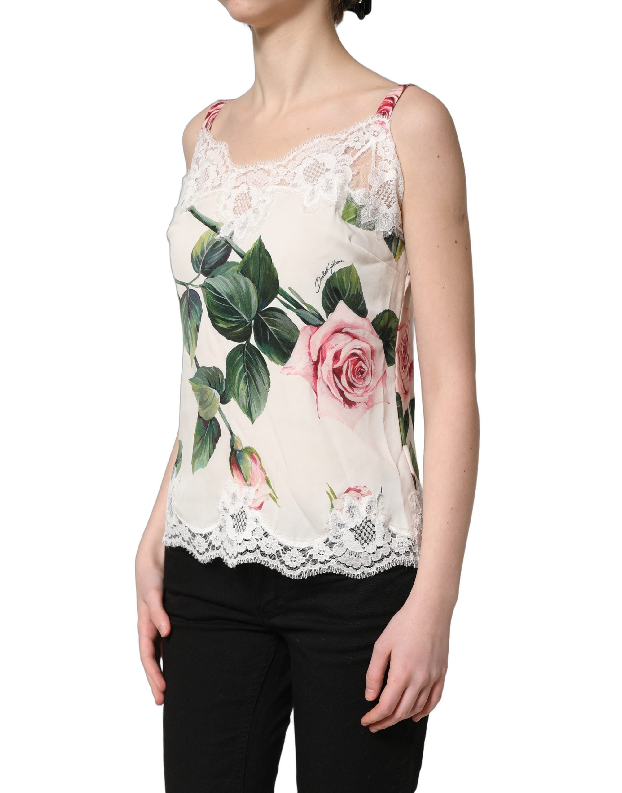 Dolce & Gabbana White Rose Print Lace Silk Camisole Tank Top