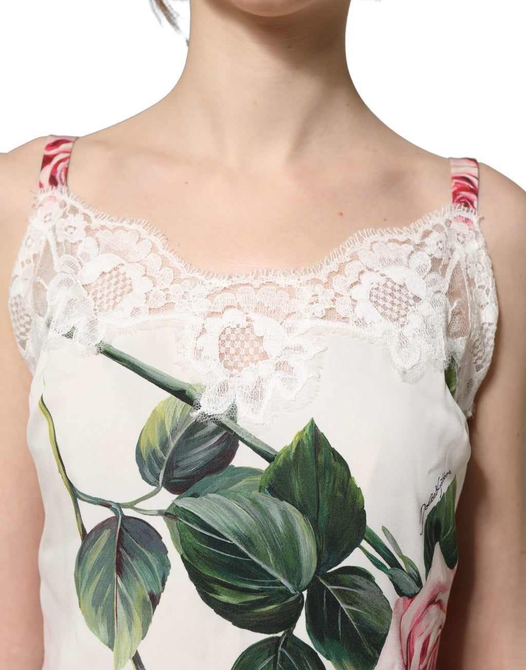 Dolce & Gabbana White Rose Print Lace Silk Camisole Tank Top