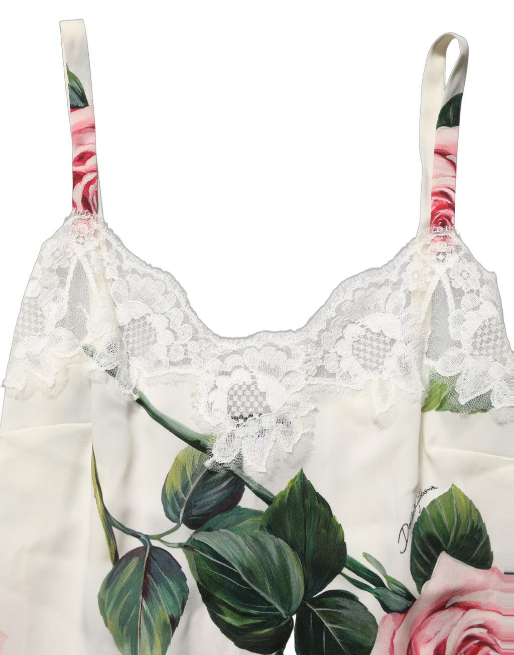 Dolce & Gabbana White Rose Print Lace Silk Camisole Tank Top