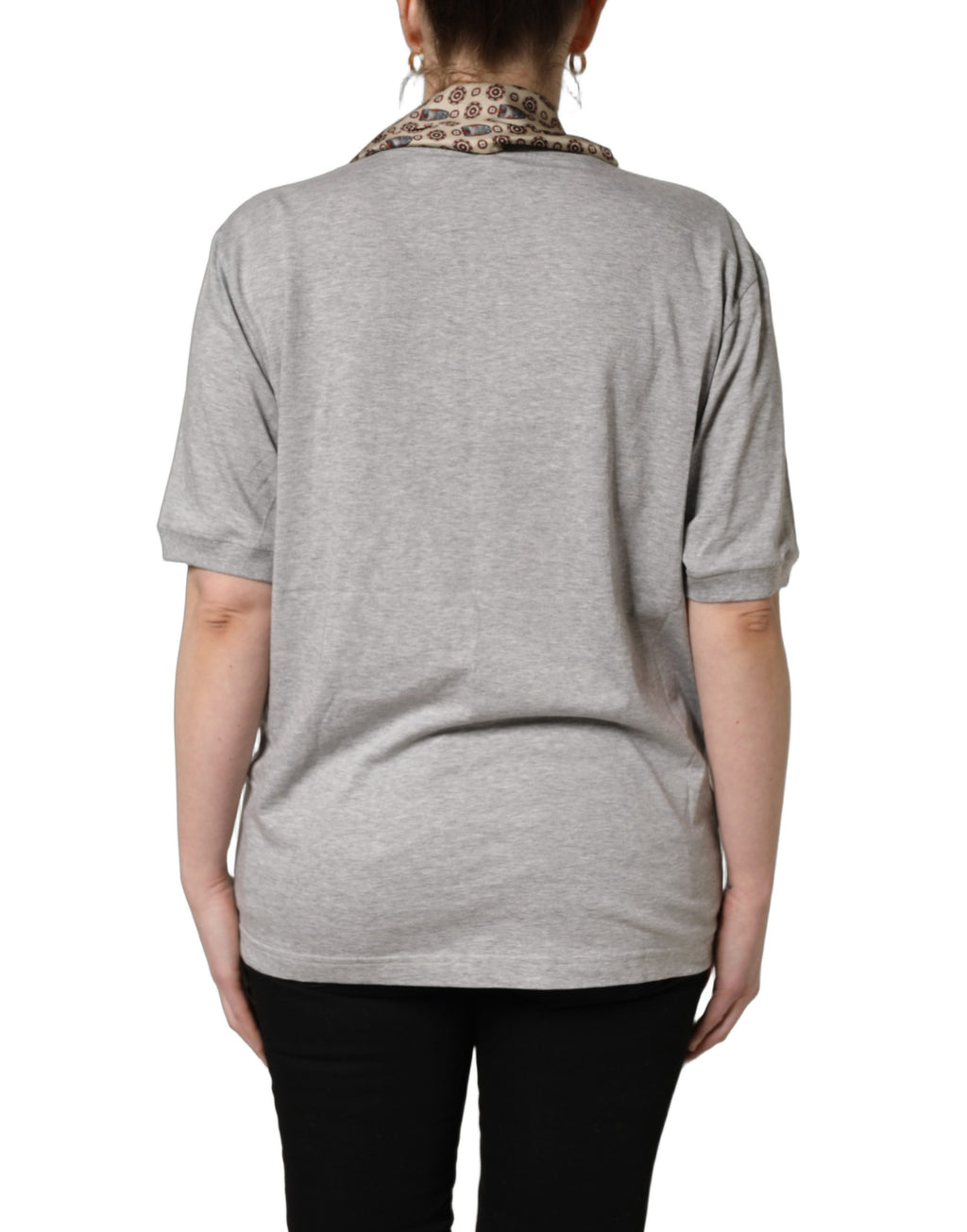 Dolce & Gabbana Gray Cotton V-neck Owl Silk Scarf Top T-shirt