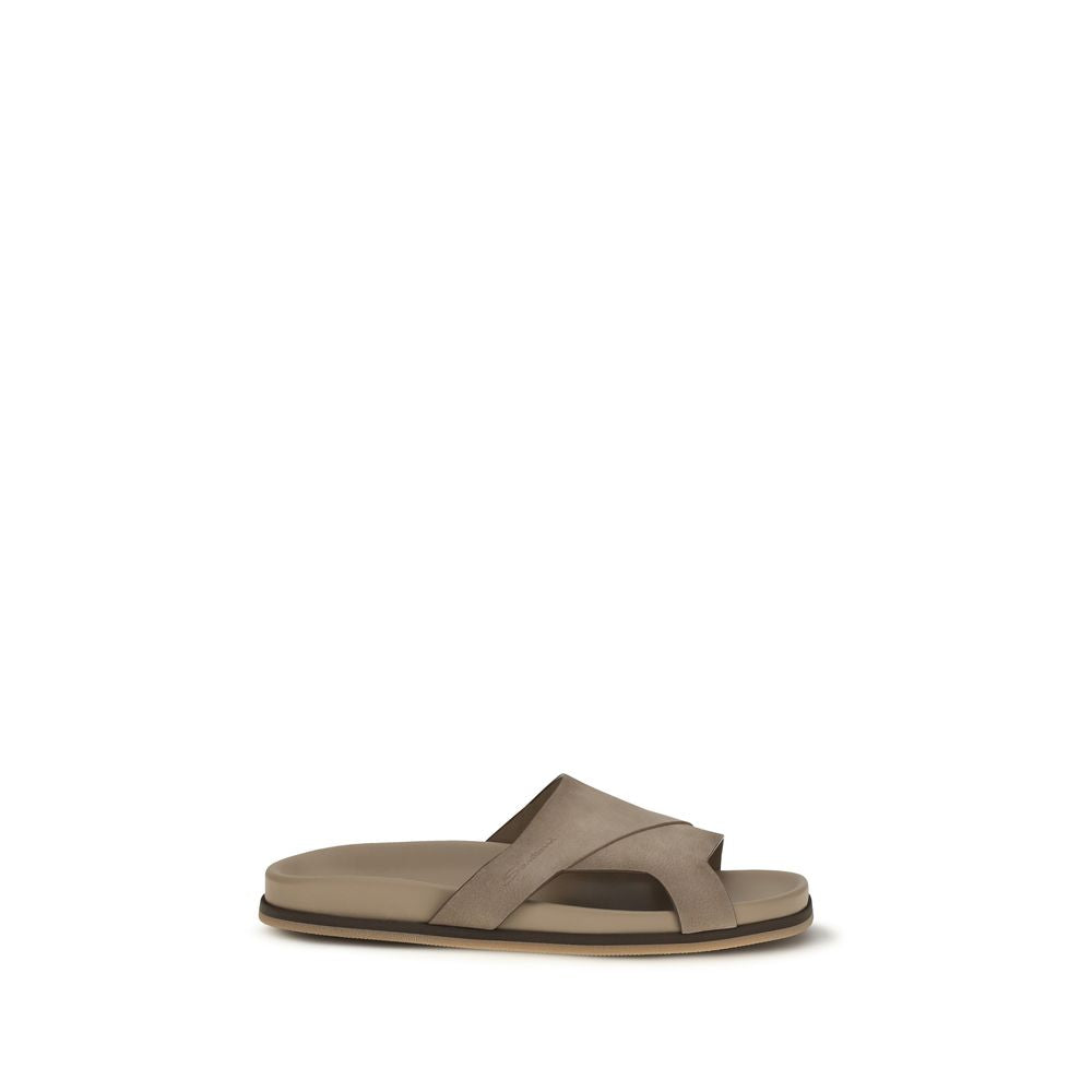 Santoni Beige Calf Leather Bos Taurus Flat Sandals