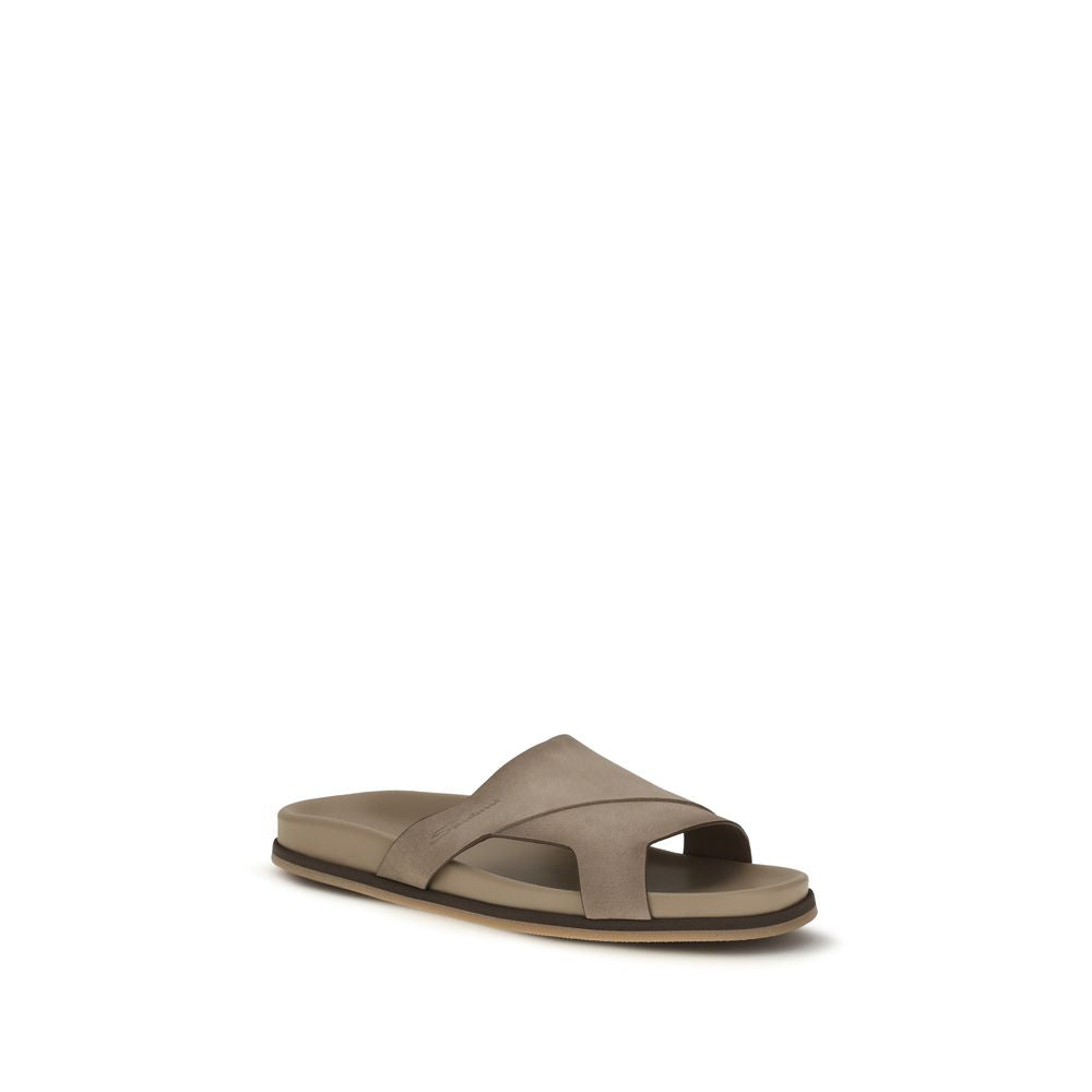 Santoni Beige Calf Leather Bos Taurus Flat Sandals