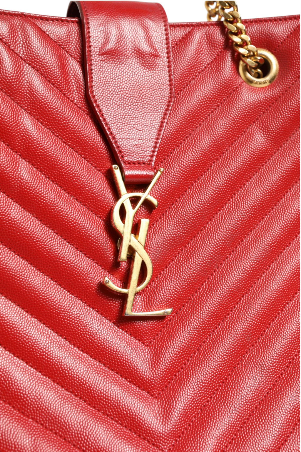Saint Laurent Red Chevron Quilted Grained Leather Monogram Tote Bag