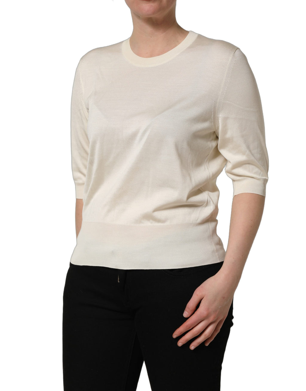 Dolce & Gabbana Off White 3/4 Sleeves Crewneck Pullover Sweater