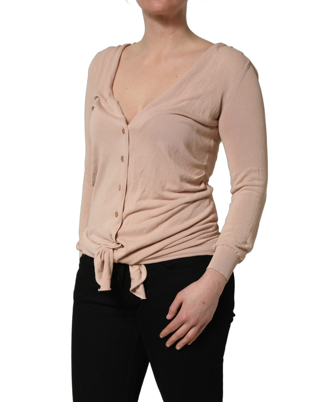 Dolce & Gabbana Beige Ribbed V-neck Front Tie Cardigan Sweater