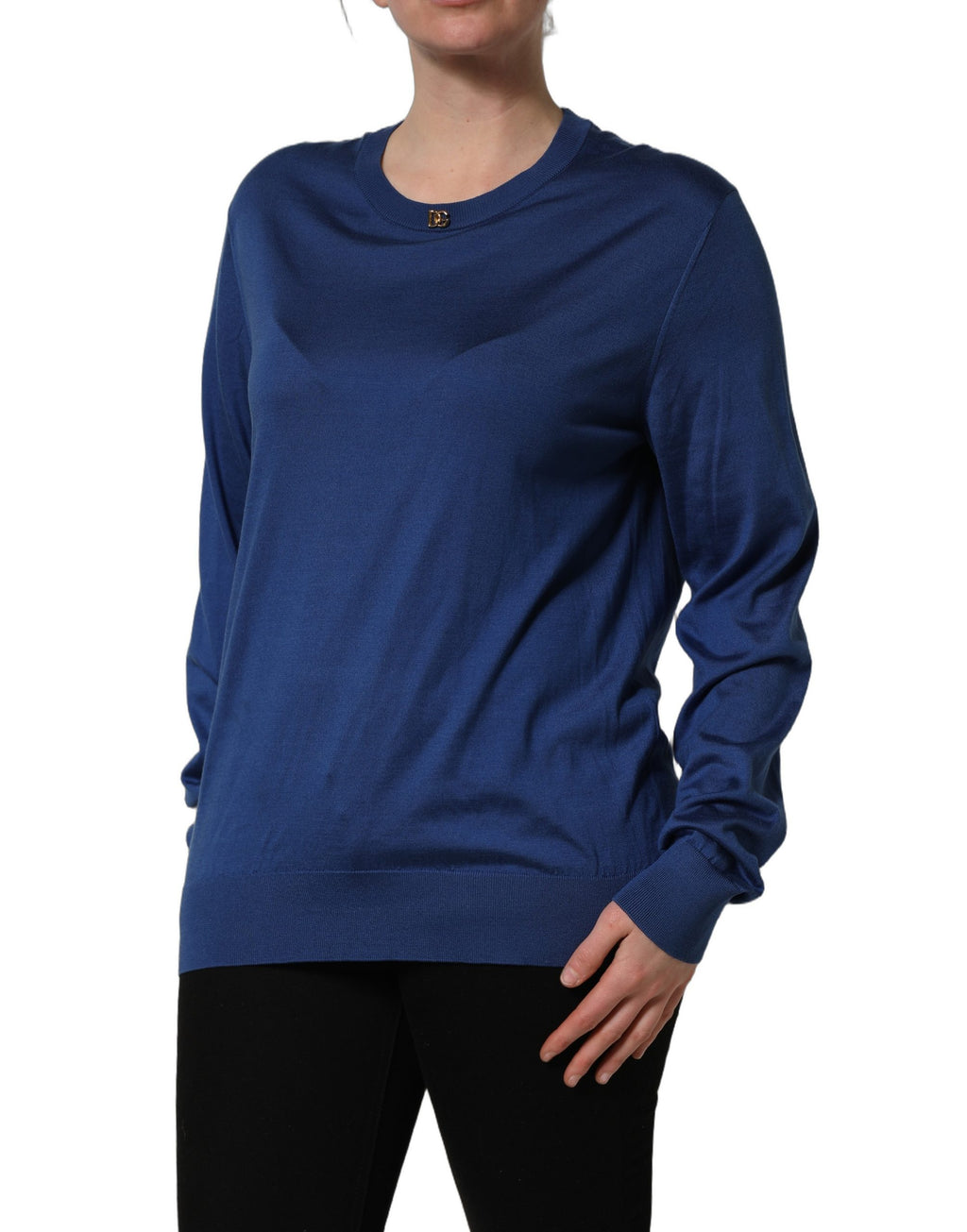 Dolce & Gabbana Blue Silk DG Logo Crew Neck Pullover Sweater