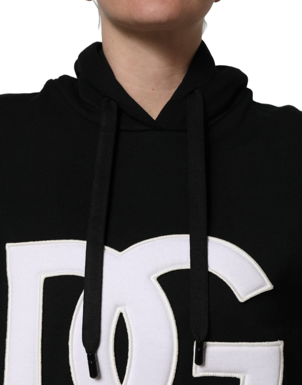 Dolce & Gabbana BlackWhite Appliqué Hooded Sweatshirt Sweater