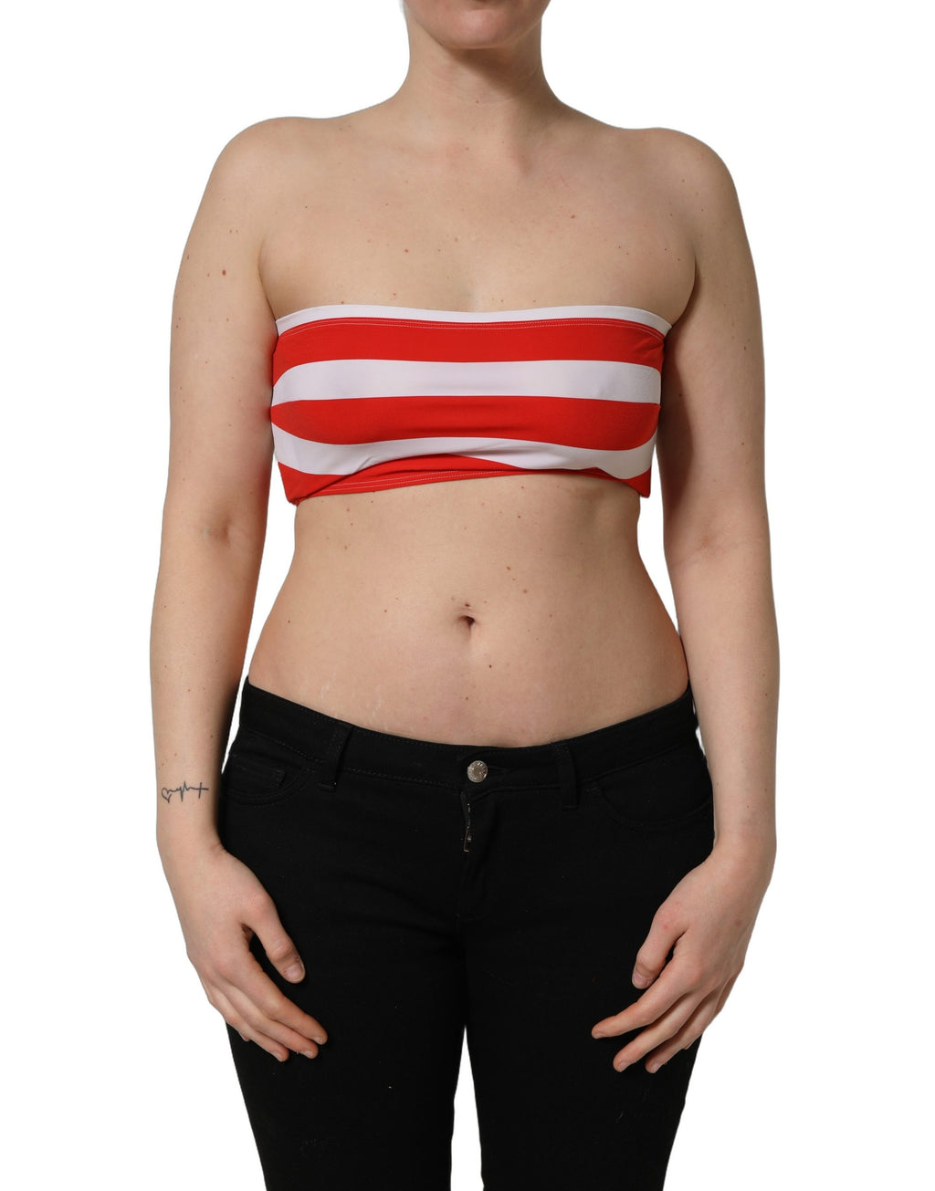 Dolce & Gabbana White Red Nylon Striped Ribbed Tube Crop Top