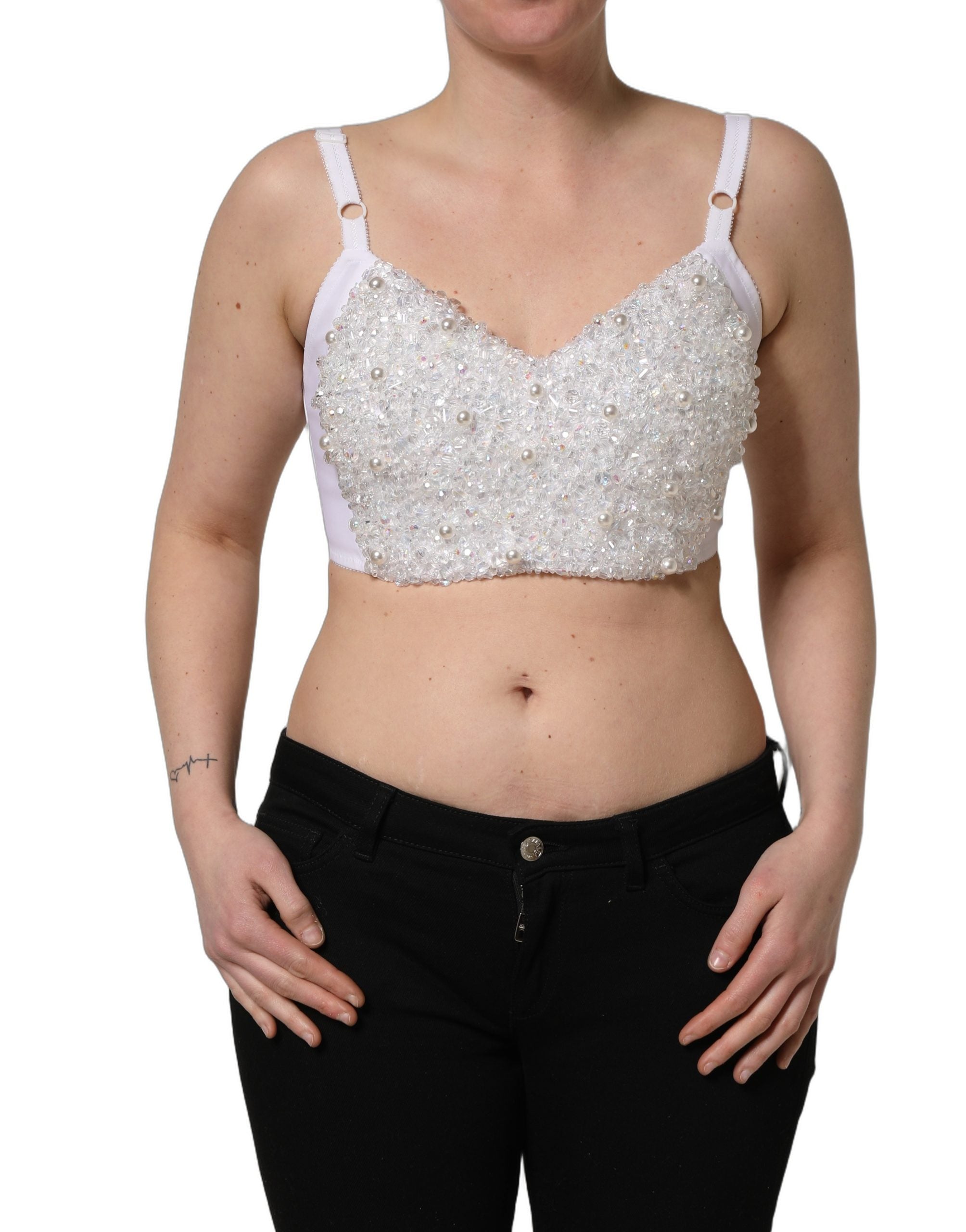 Dolce & Gabbana White Pearls Beaded Corset Bustier Crop Top