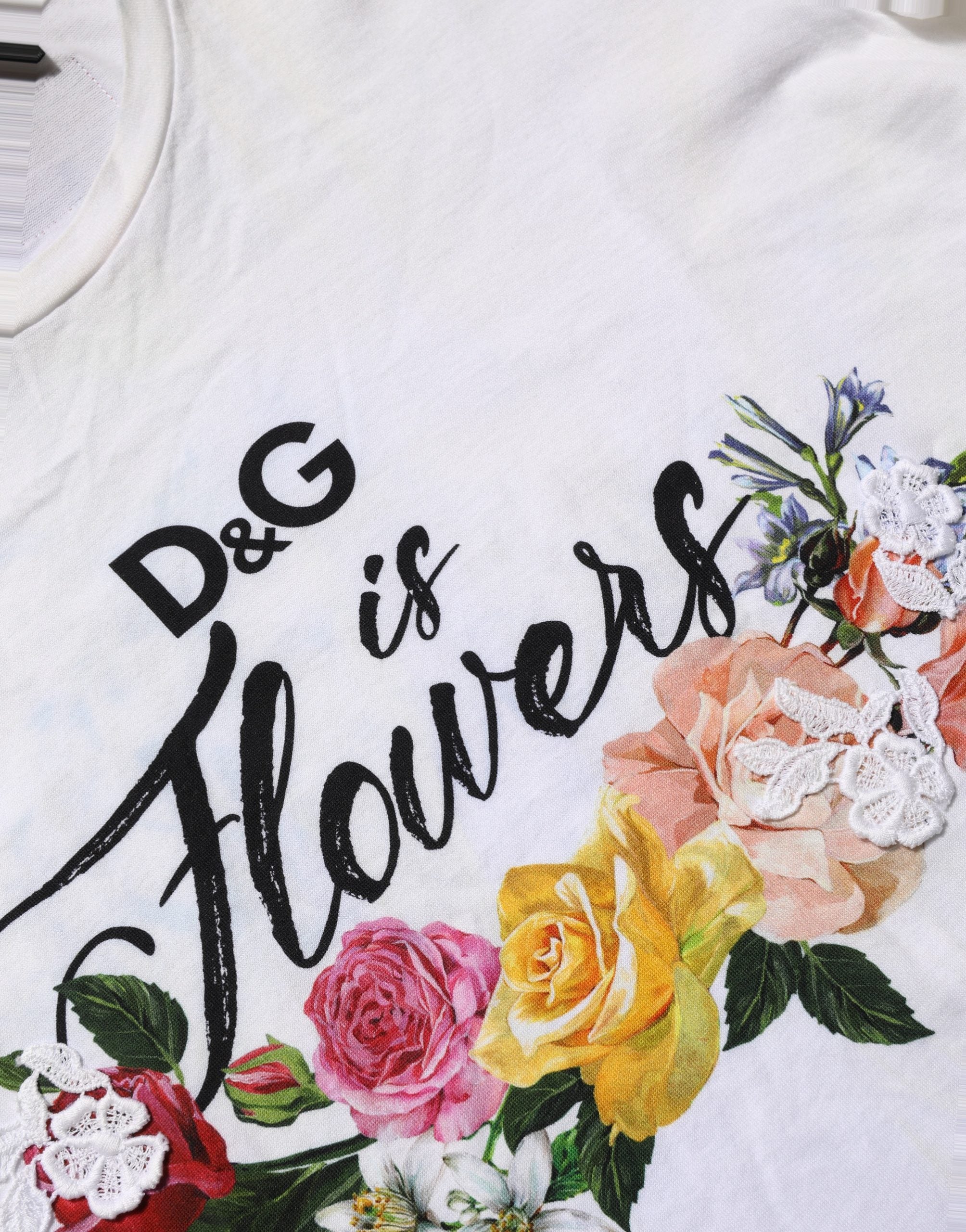 Dolce & Gabbana White D&G is Flowers Print Round Neck T-shirt