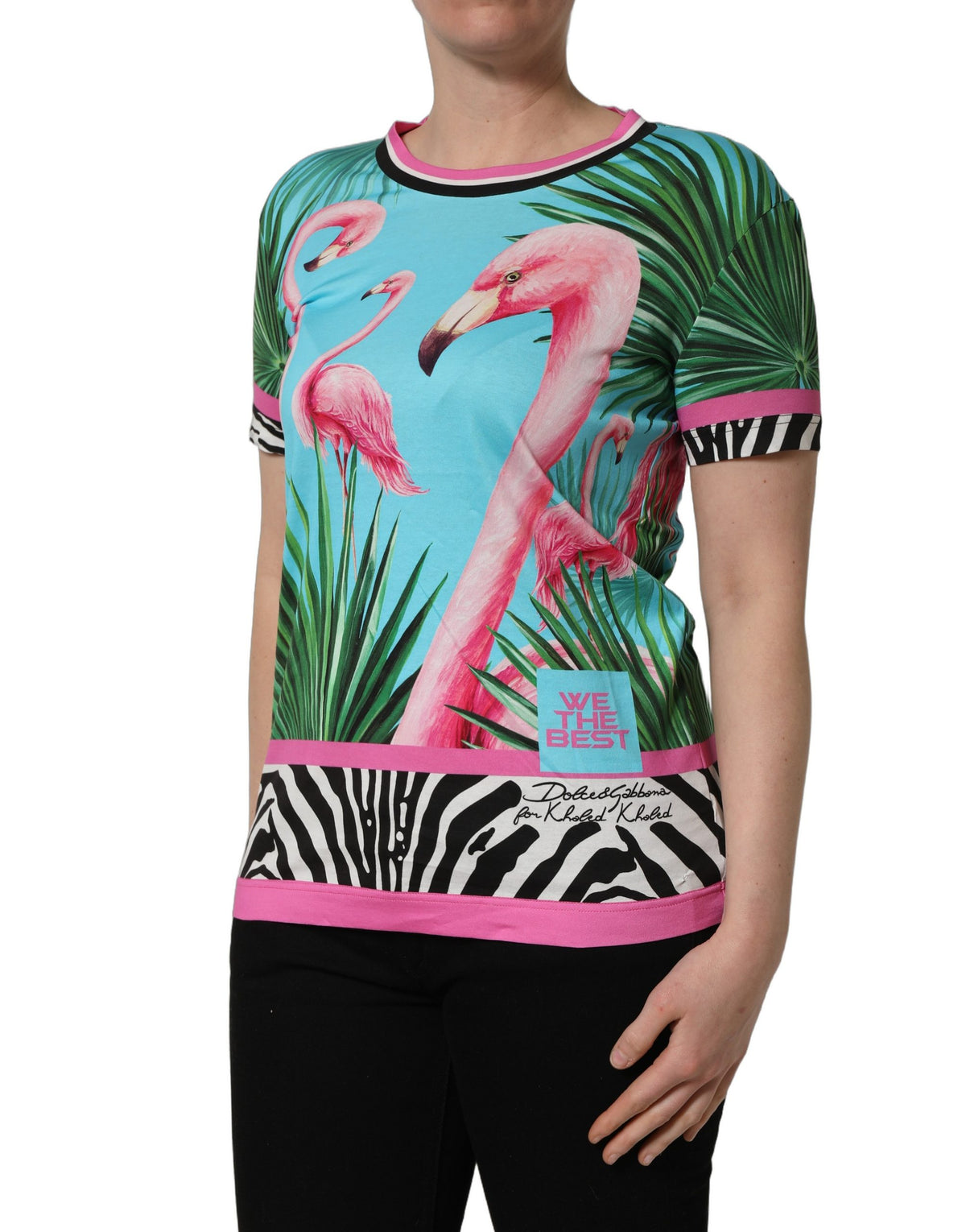Dolce & Gabbana Multicolor Flamingo ZebraStriped Trim T-shirt