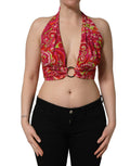 Dolce & Gabbana Red Paisley Silk Halter Neck Crop Tank Top