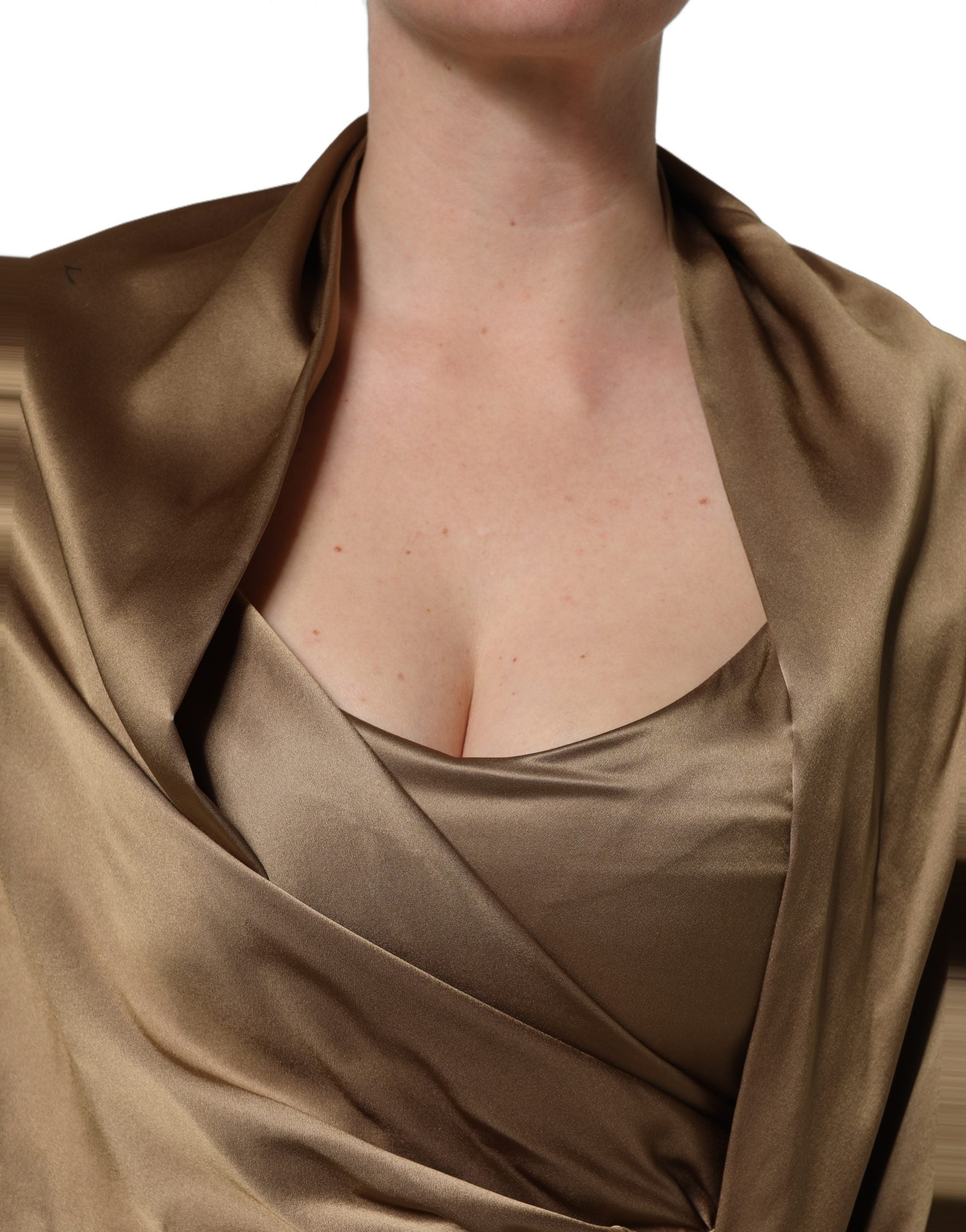 Dodo Bar Or Bronze Toned Satin Fringe Hemmed Shawl Midi Dress