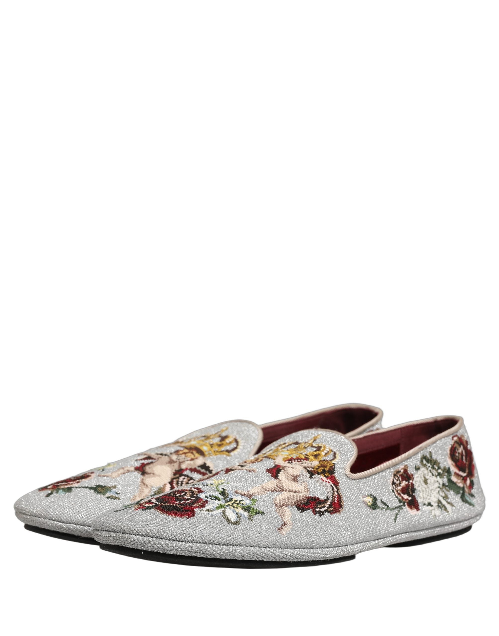 Dolce & Gabbana Gray Crown Rose Angel Embroidery Loafer Shoes