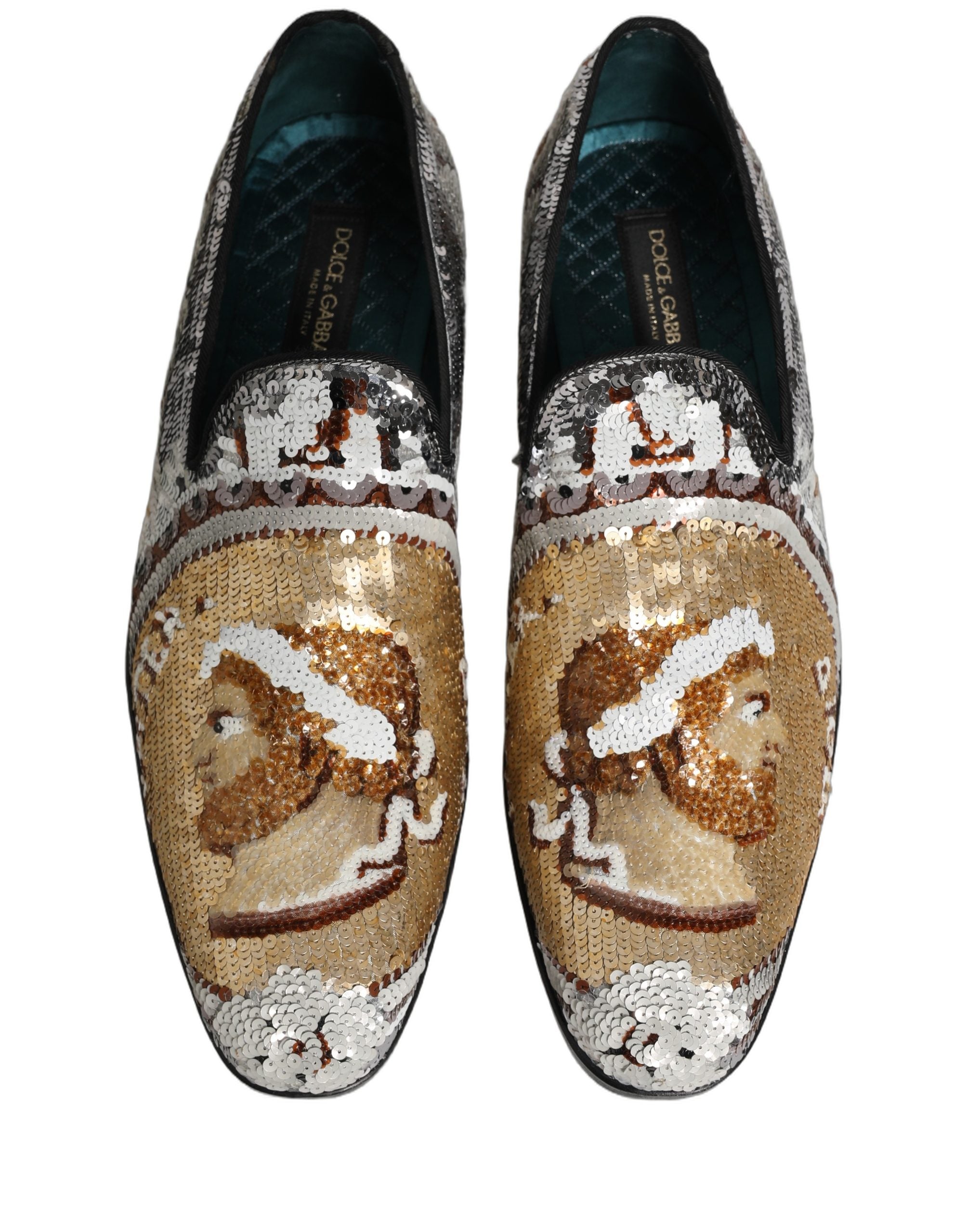 Dolce & Gabbana White Gold Sequined Slip On Loafers Shoes