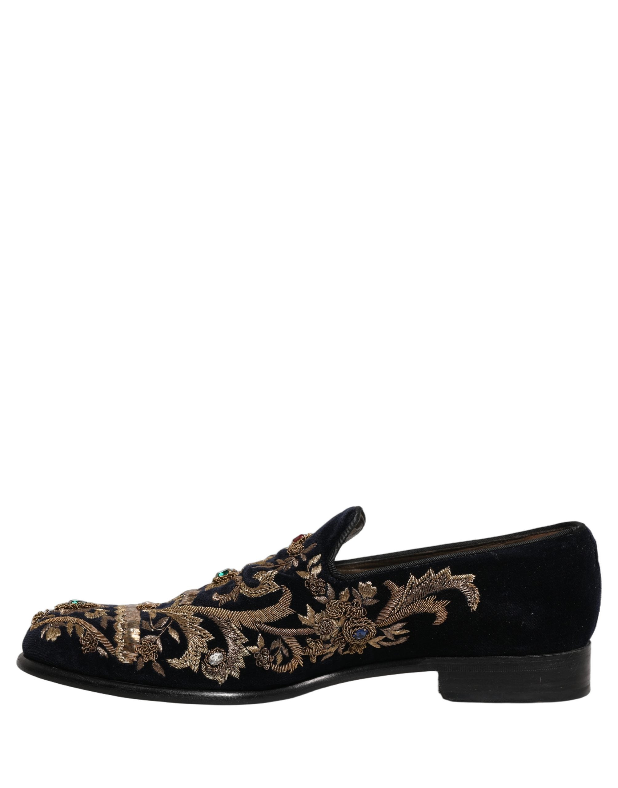 Dolce & Gabbana Black Velvet Embellished Dress Loafers Shoes