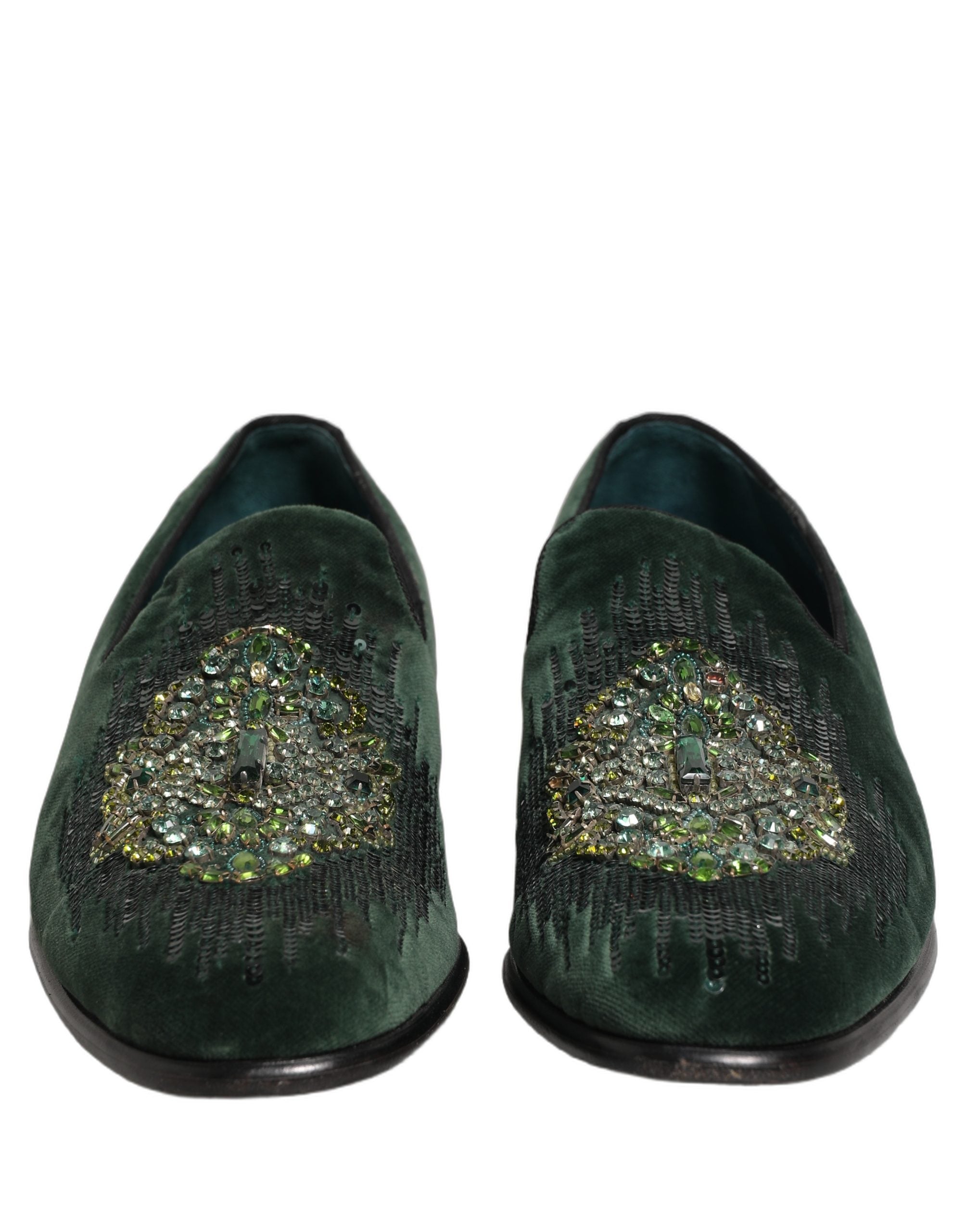 Dolce & Gabbana Green Velvet Embellished Dress Loafers Shoes