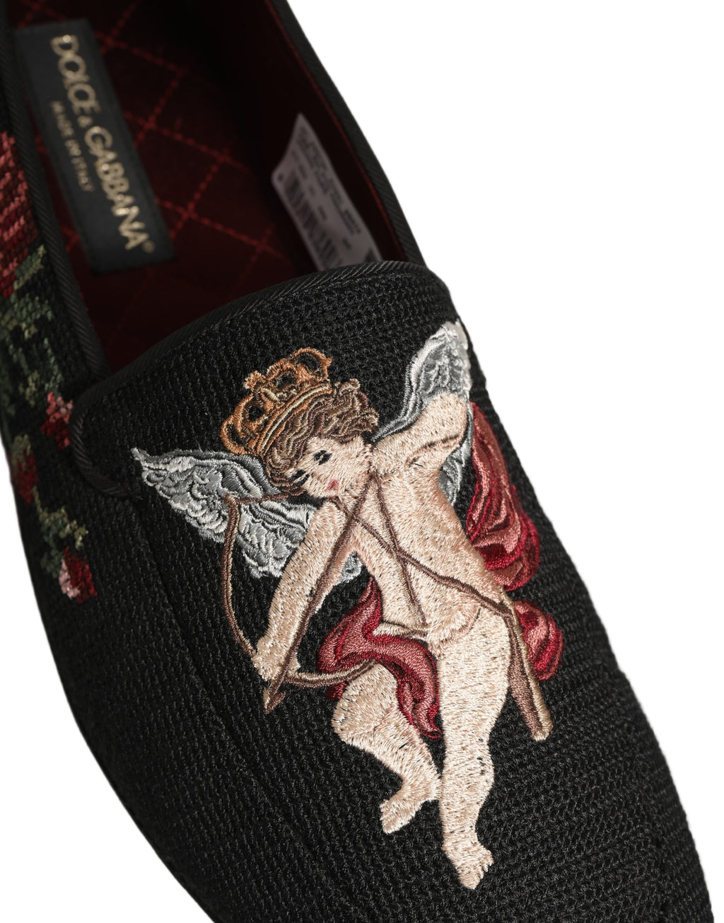 Dolce & Gabbana Black Baroque Angel Crown Rose Loafers Shoes
