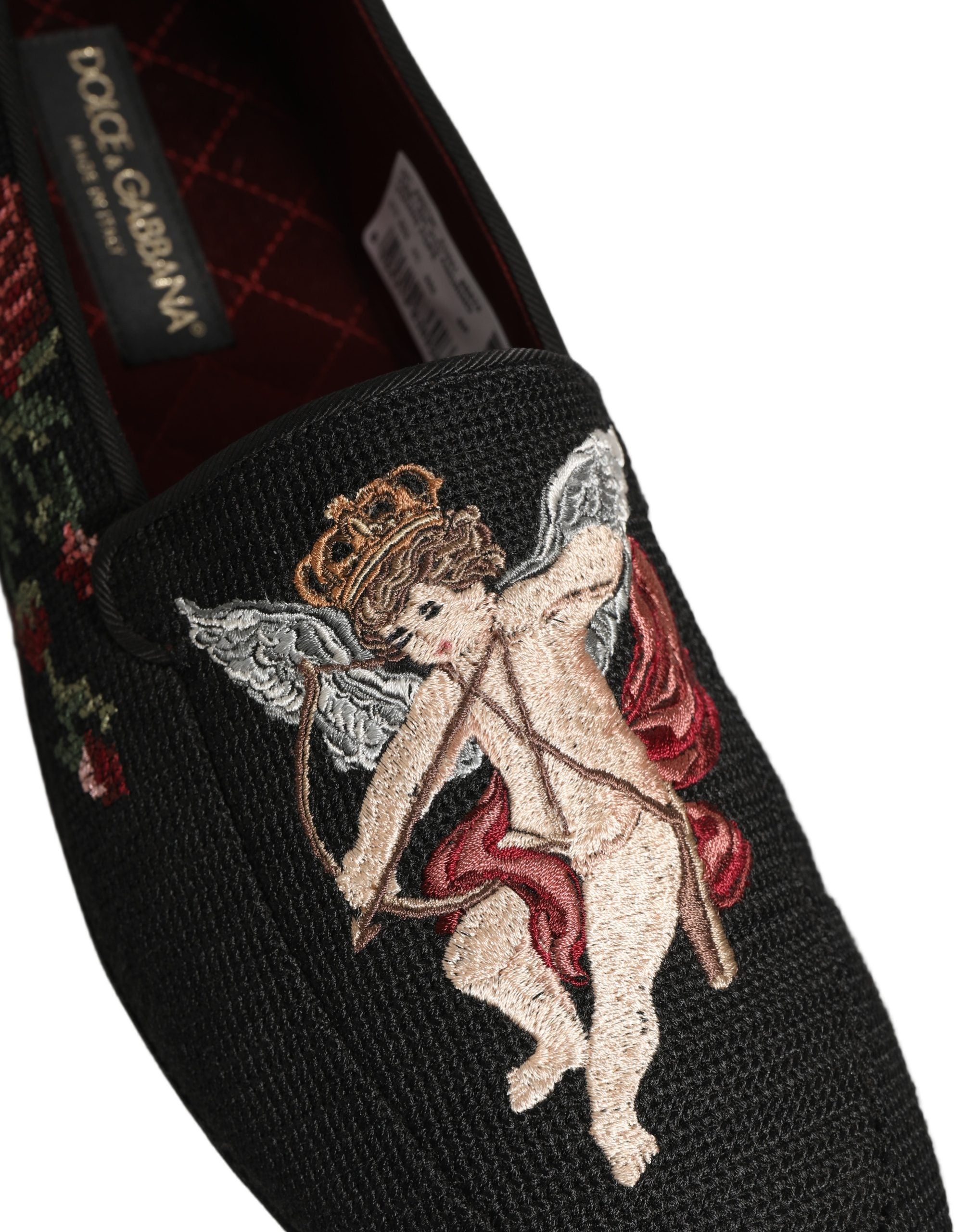 Dolce & Gabbana Black Baroque Angel Crown Rose Loafers Shoes