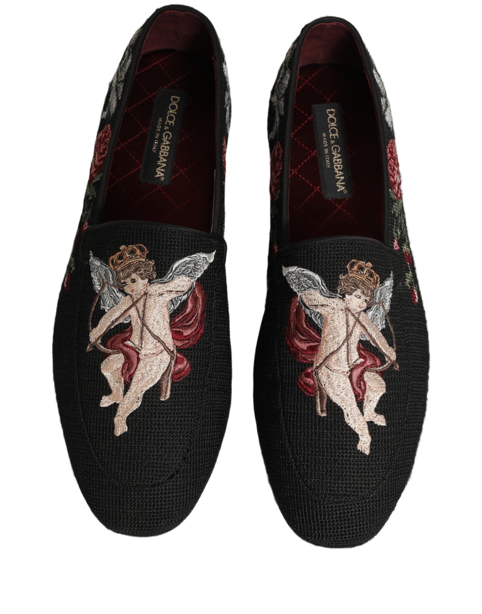 Dolce & Gabbana Black Baroque Angel Crown Rose Loafers Shoes