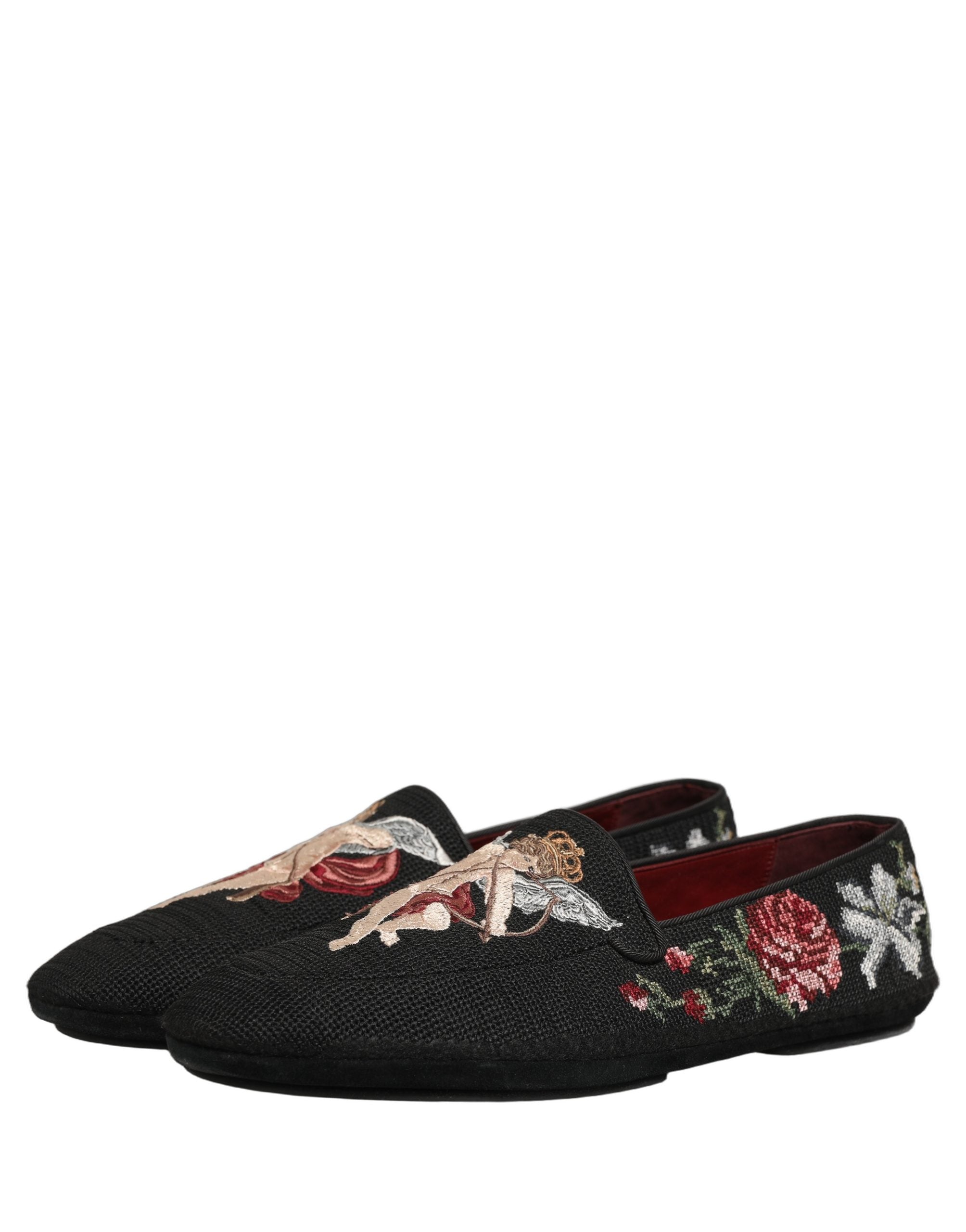 Dolce & Gabbana Black Baroque Angel Crown Rose Loafers Shoes