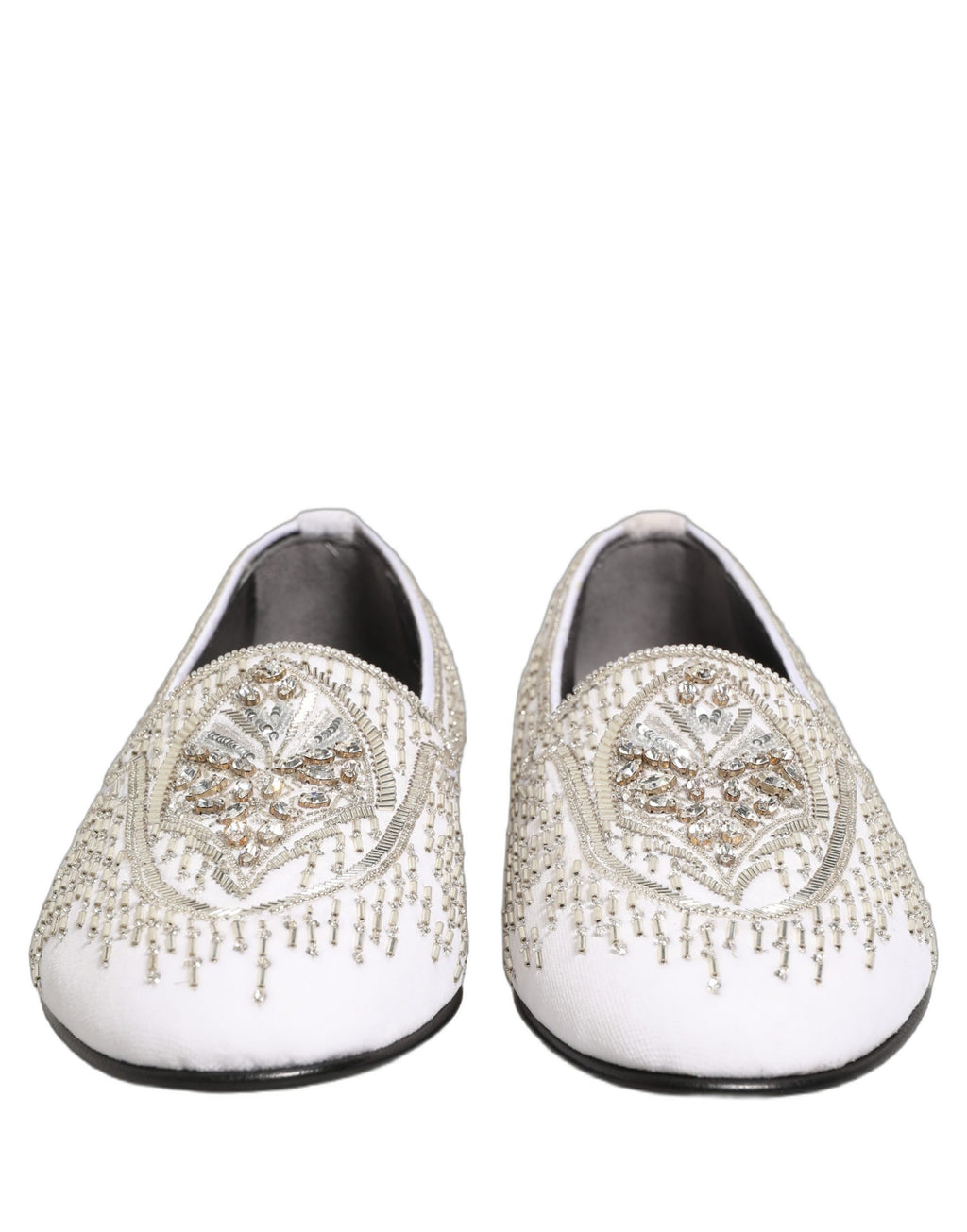 Dolce & Gabbana White Satin Embellished Dress Loafers Shoes