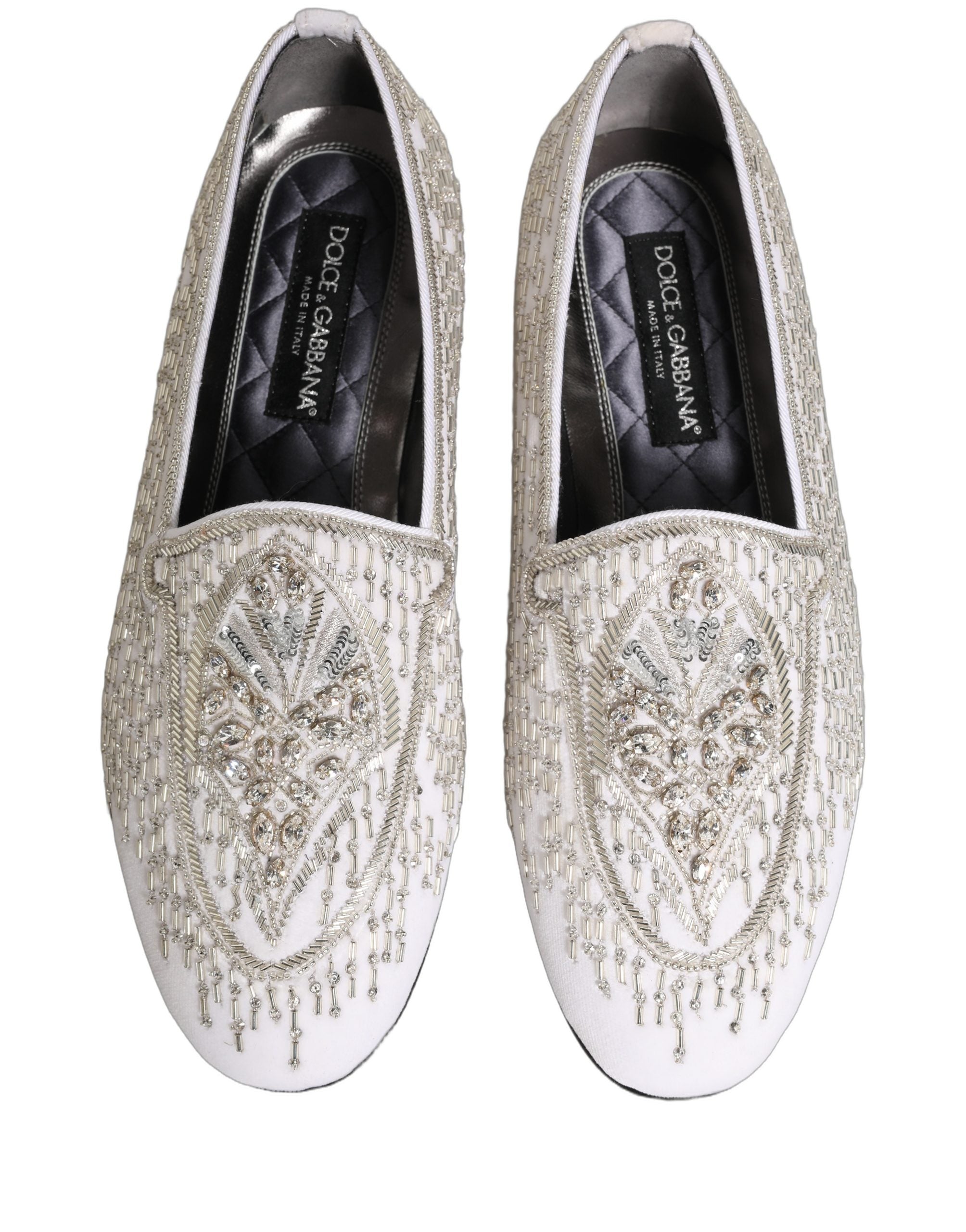 Dolce & Gabbana White Satin Embellished Dress Loafers Shoes
