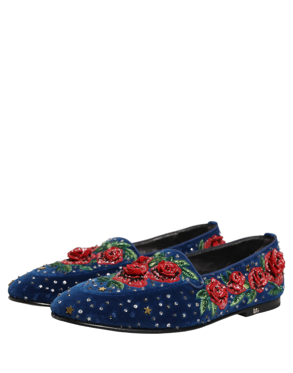 Dolce & Gabbana Blue Velvet Floral Slip On Dress Loafers Shoes