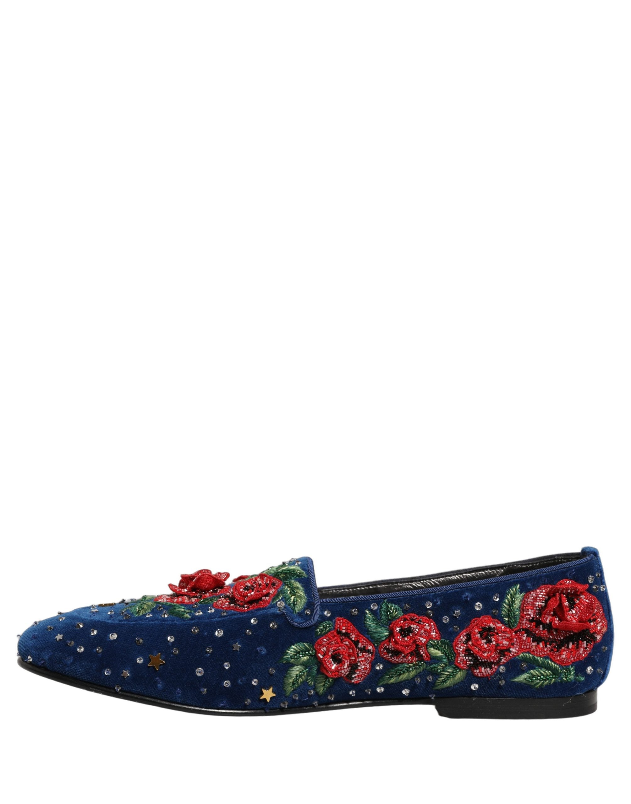 Dolce & Gabbana Blue Velvet Floral Slip On Dress Loafers Shoes