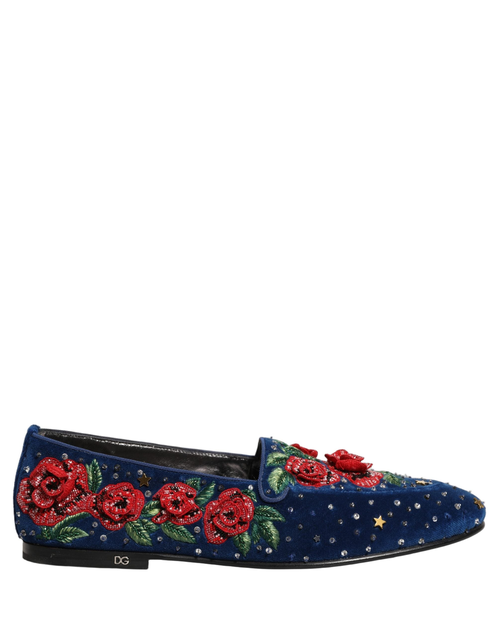 Dolce & Gabbana Blue Velvet Floral Slip On Dress Loafers Shoes
