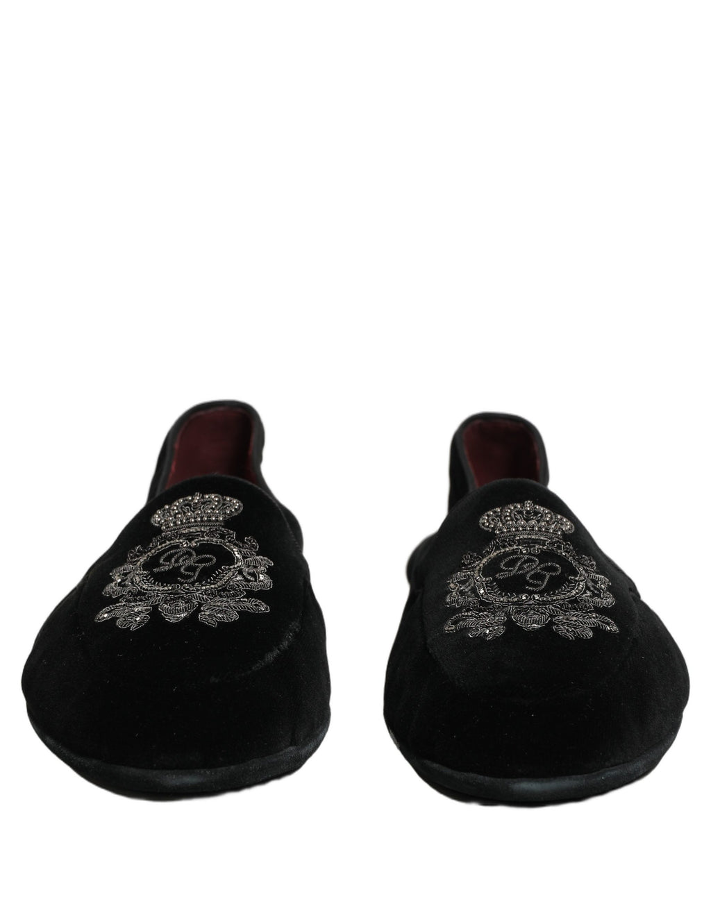 Dolce & Gabbana Black Velvet Crown Embroidery Loafers Shoes
