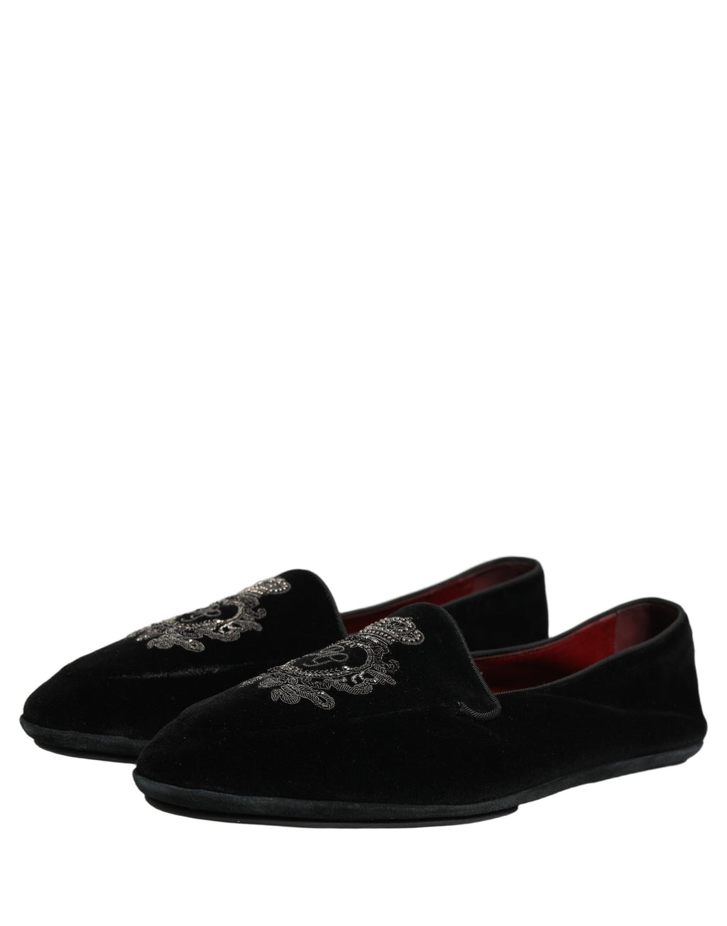 Dolce & Gabbana Black Velvet Crown Embroidery Loafers Shoes