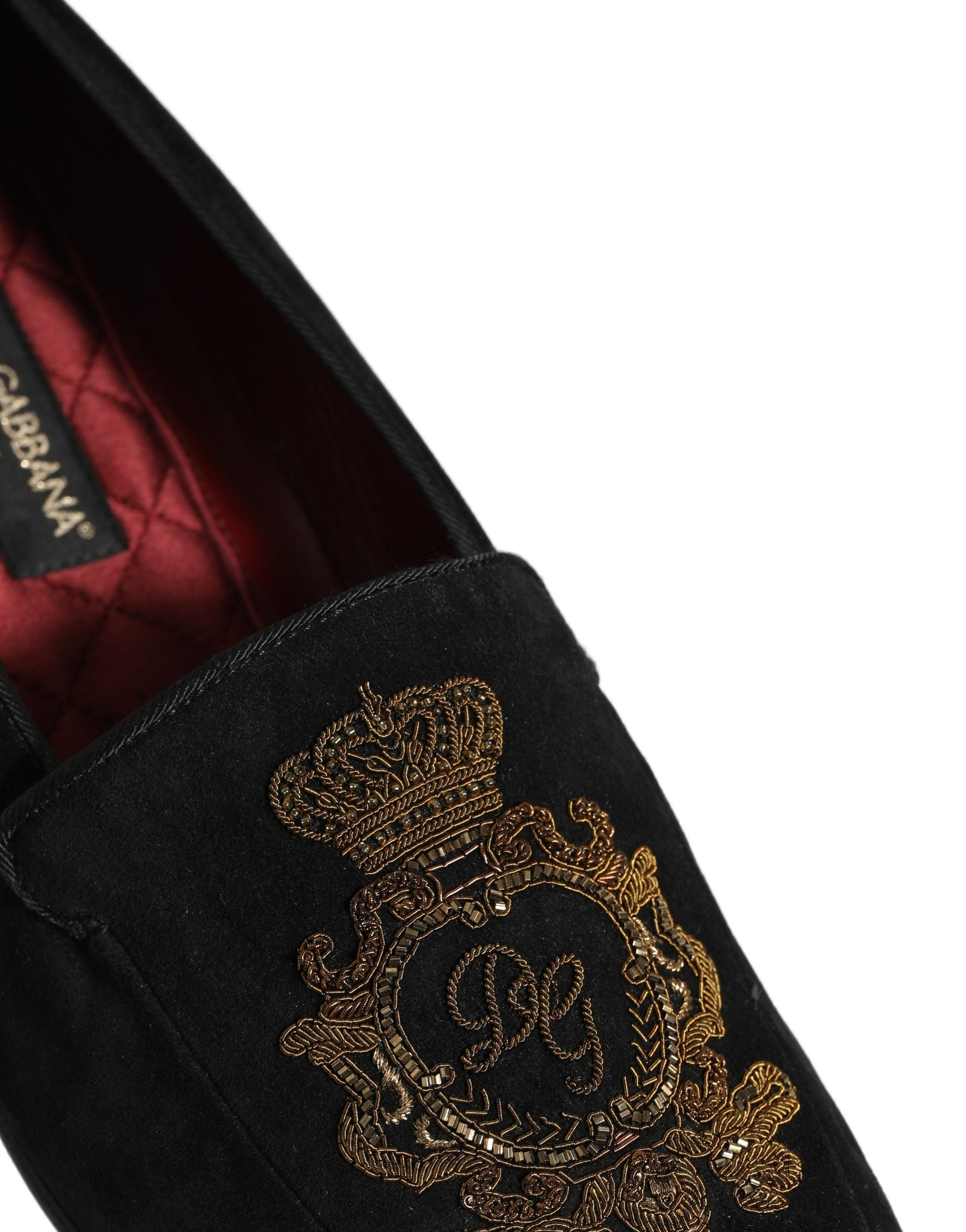 Dolce & Gabbana Black Velvet Crown Embroidery Loafers Shoes