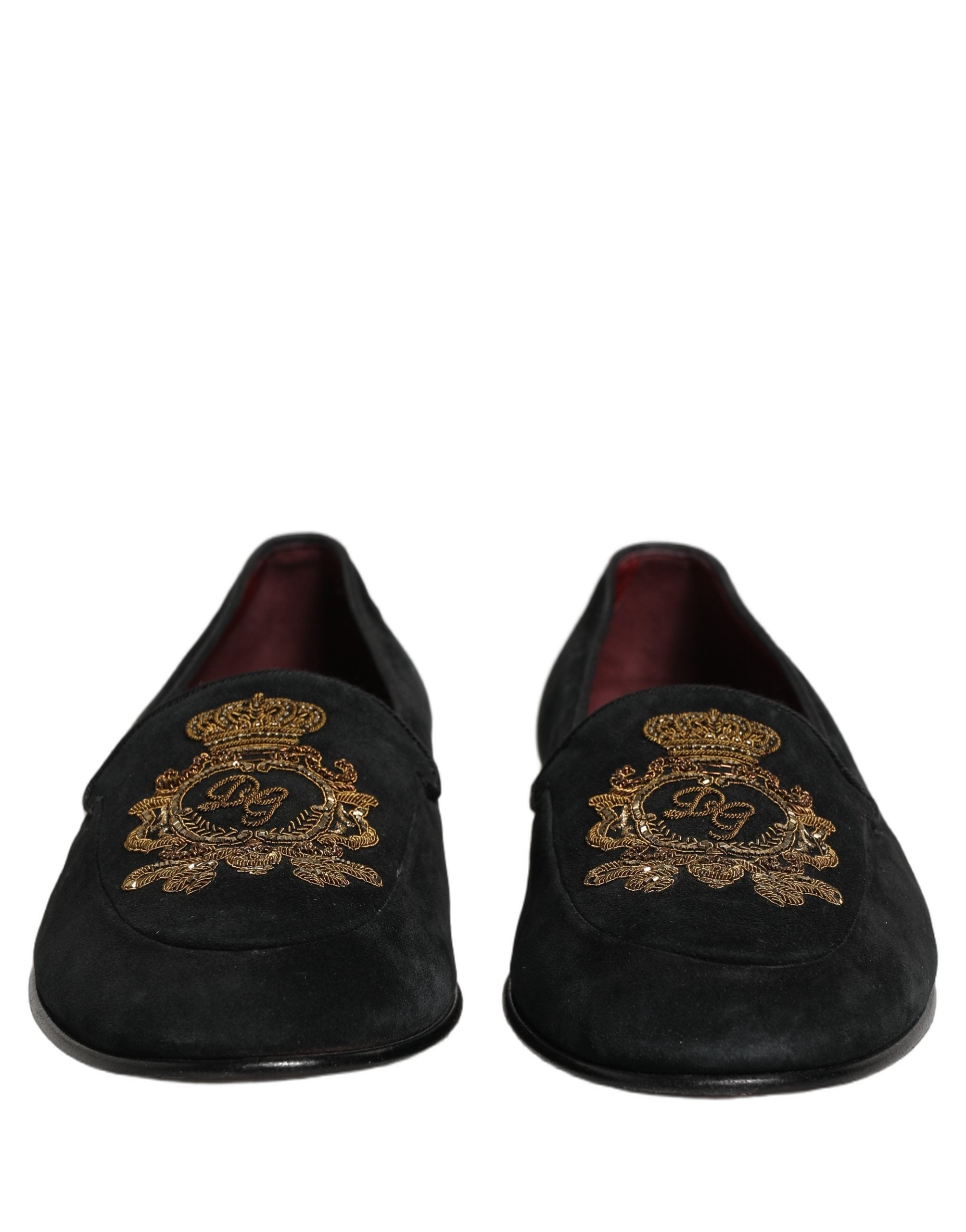 Dolce & Gabbana Black Velvet Crown Embroidery Loafers Shoes