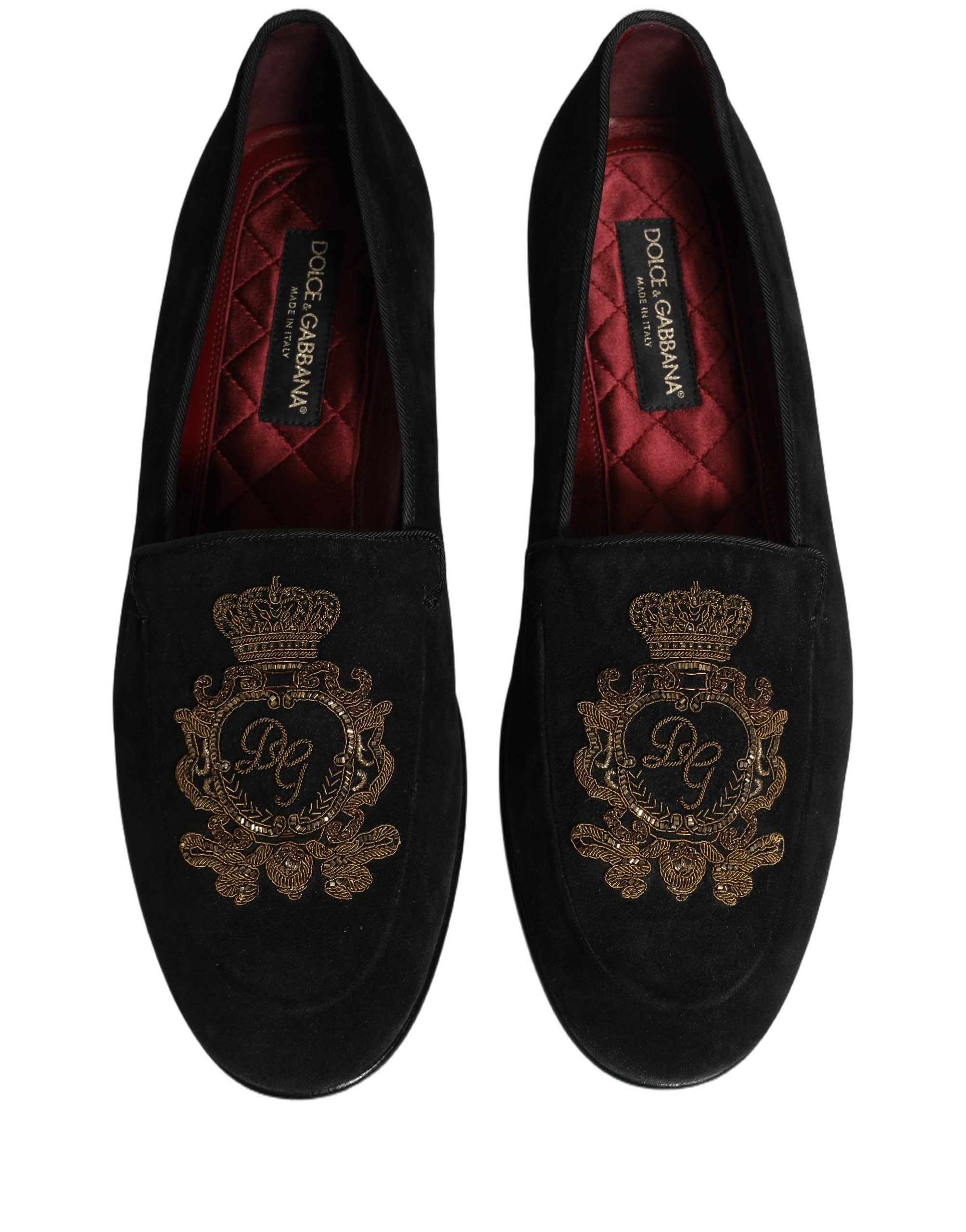 Dolce & Gabbana Black Velvet Crown Embroidery Loafers Shoes