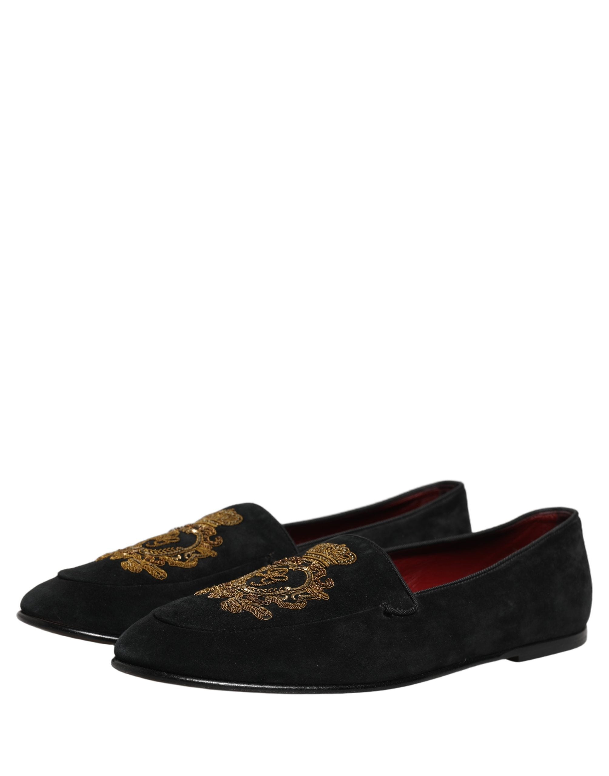 Dolce & Gabbana Black Velvet Crown Embroidery Loafers Shoes